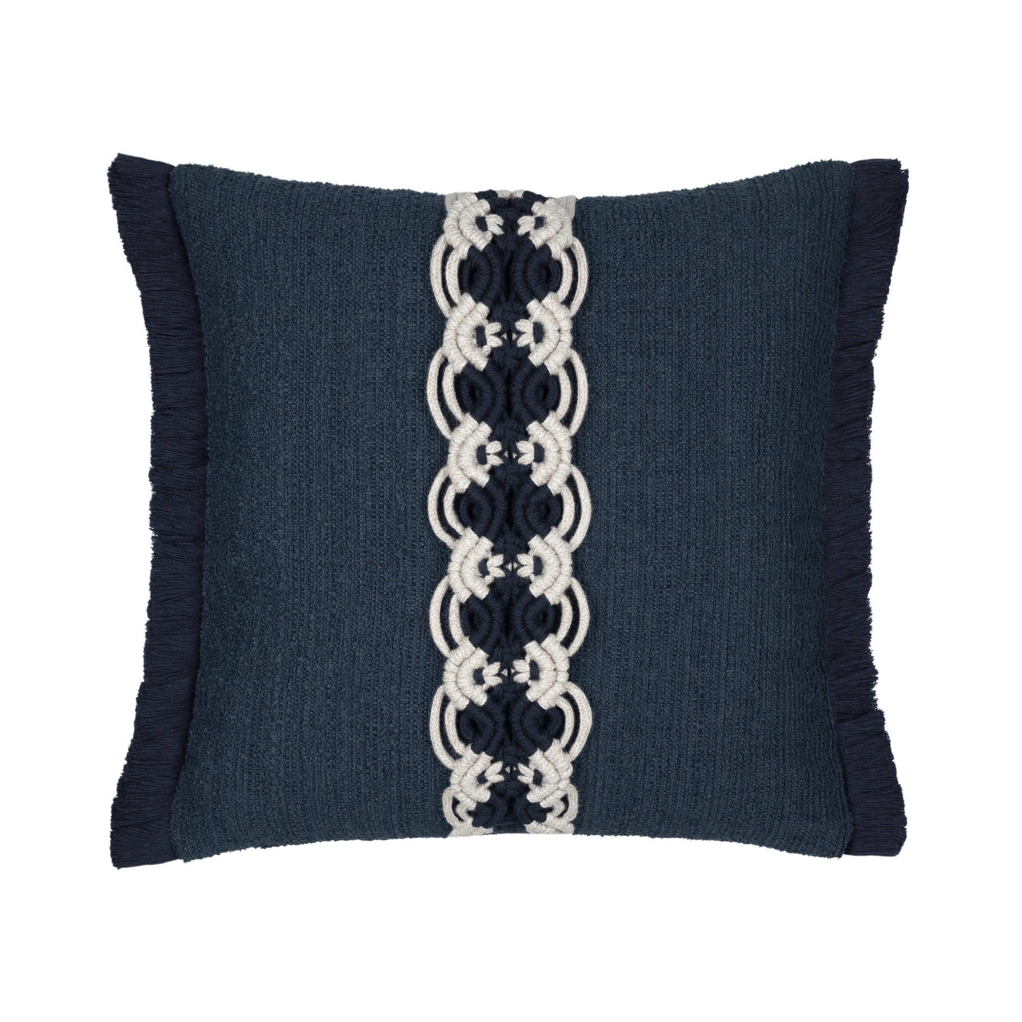 Indigo outdoor pillow with macrame banding design, square size for timeless outdoor styling