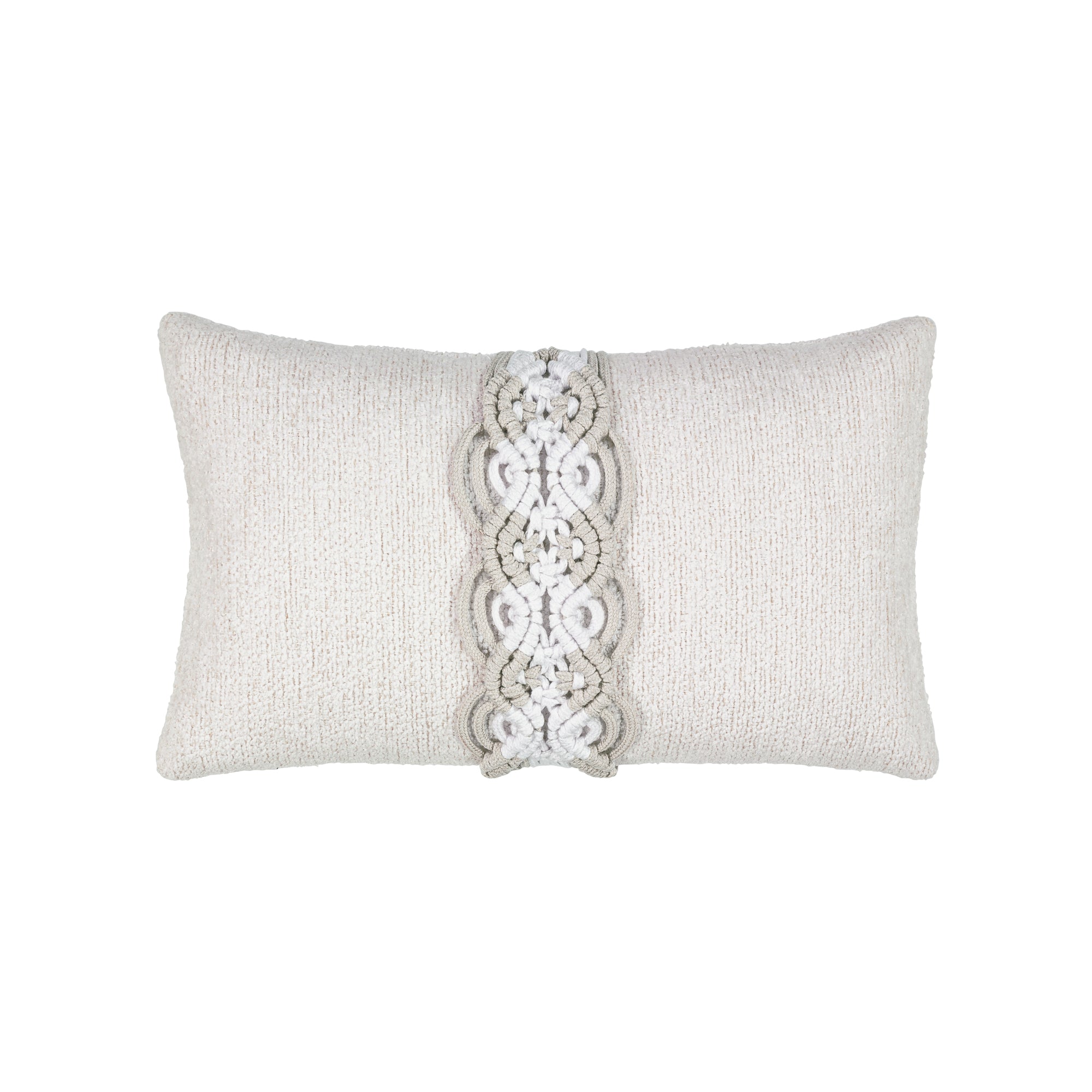 Ivory outdoor pillow with macrame banding design, lumbar size for classic outdoor elegance