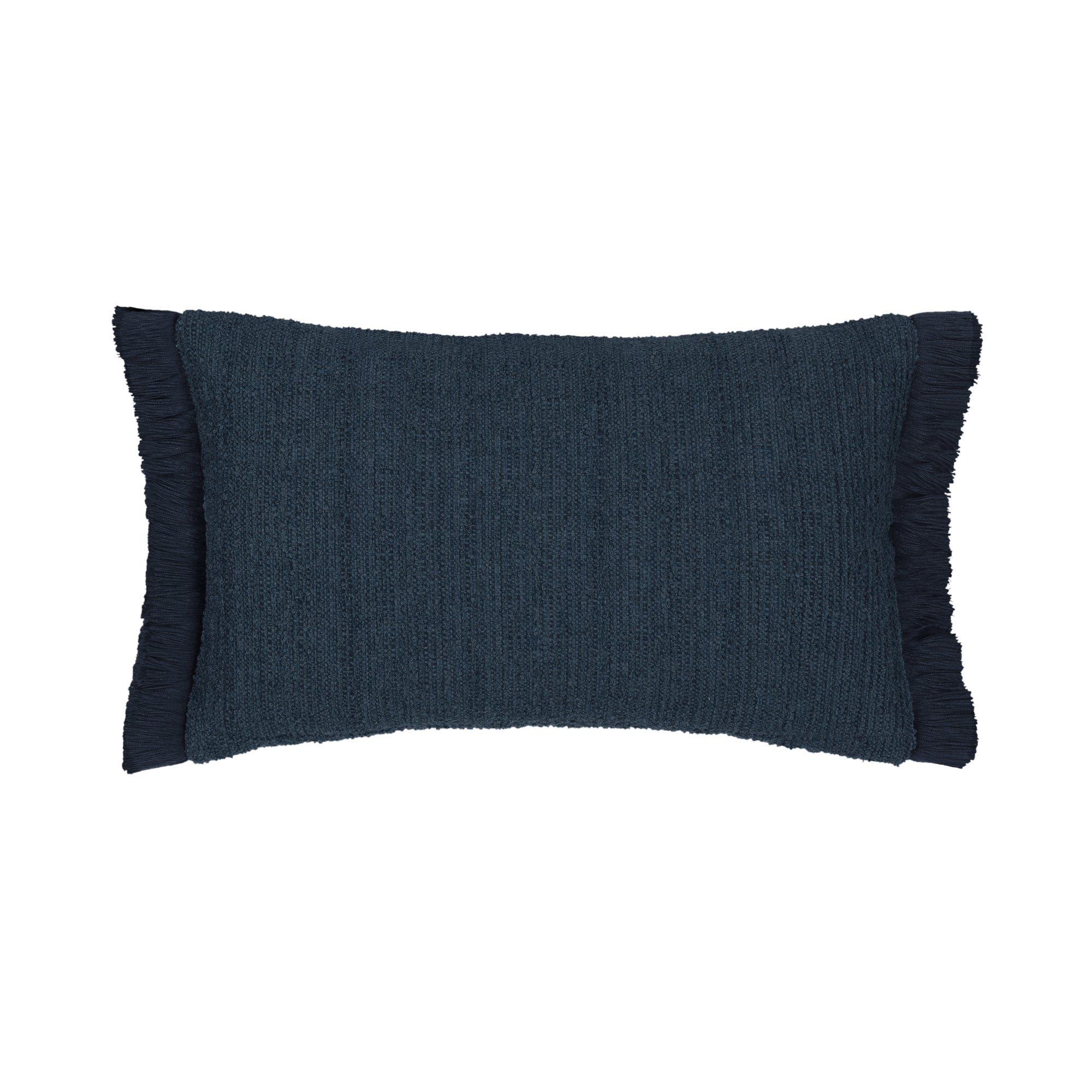 Back image of Indigo outdoor pillow with macrame banding design, square size for classic outdoor elegance