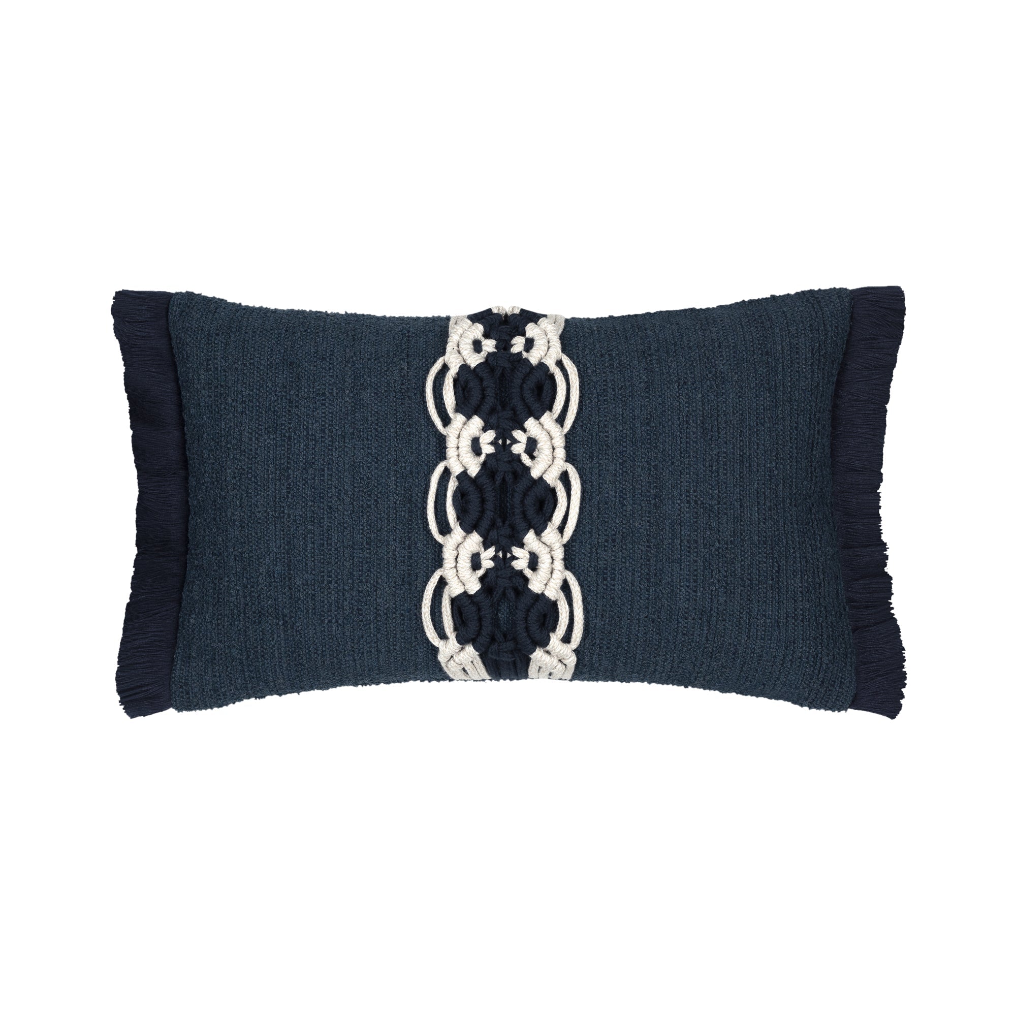 Indigo outdoor pillow with macrame banding design, square size for classic outdoor elegance