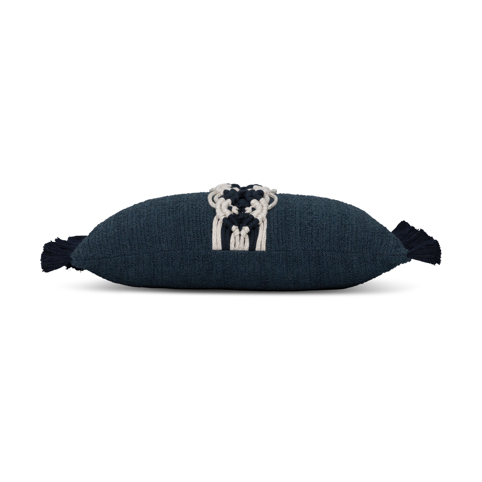 Side image of Indigo outdoor pillow with macrame banding design, square size for classic outdoor elegance