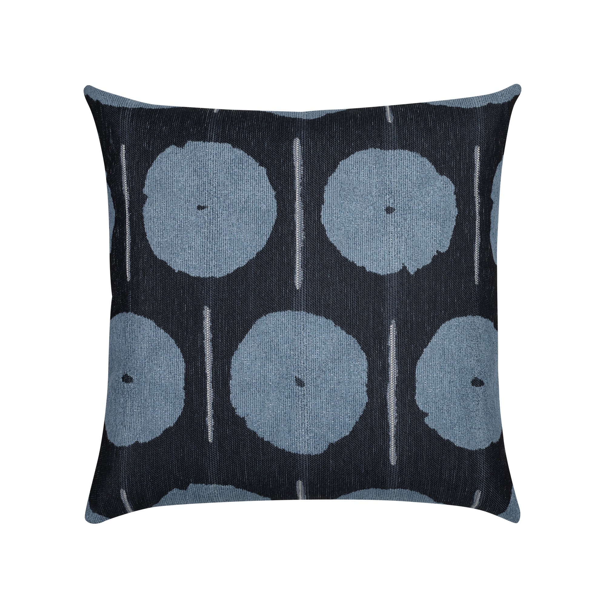 A square throw pillow featuring a dark charcoal background with a repeating pattern of muted blue-gray circular motifs and thin vertical white lines.