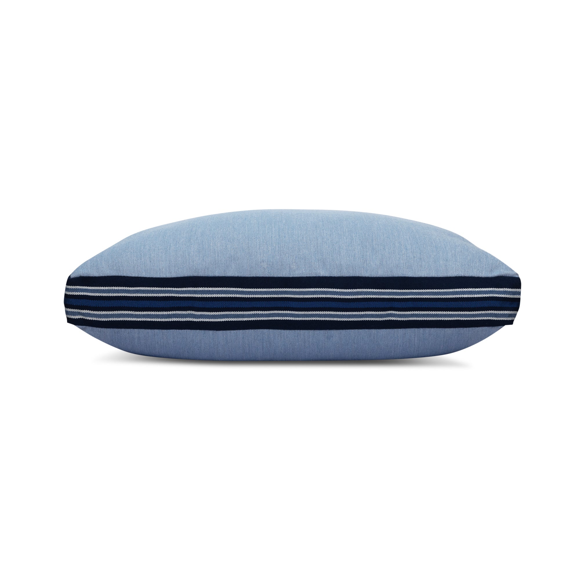 Side image of Blue solid pillow with blue striped side banding in square size for nautical indoor and outdoor decor