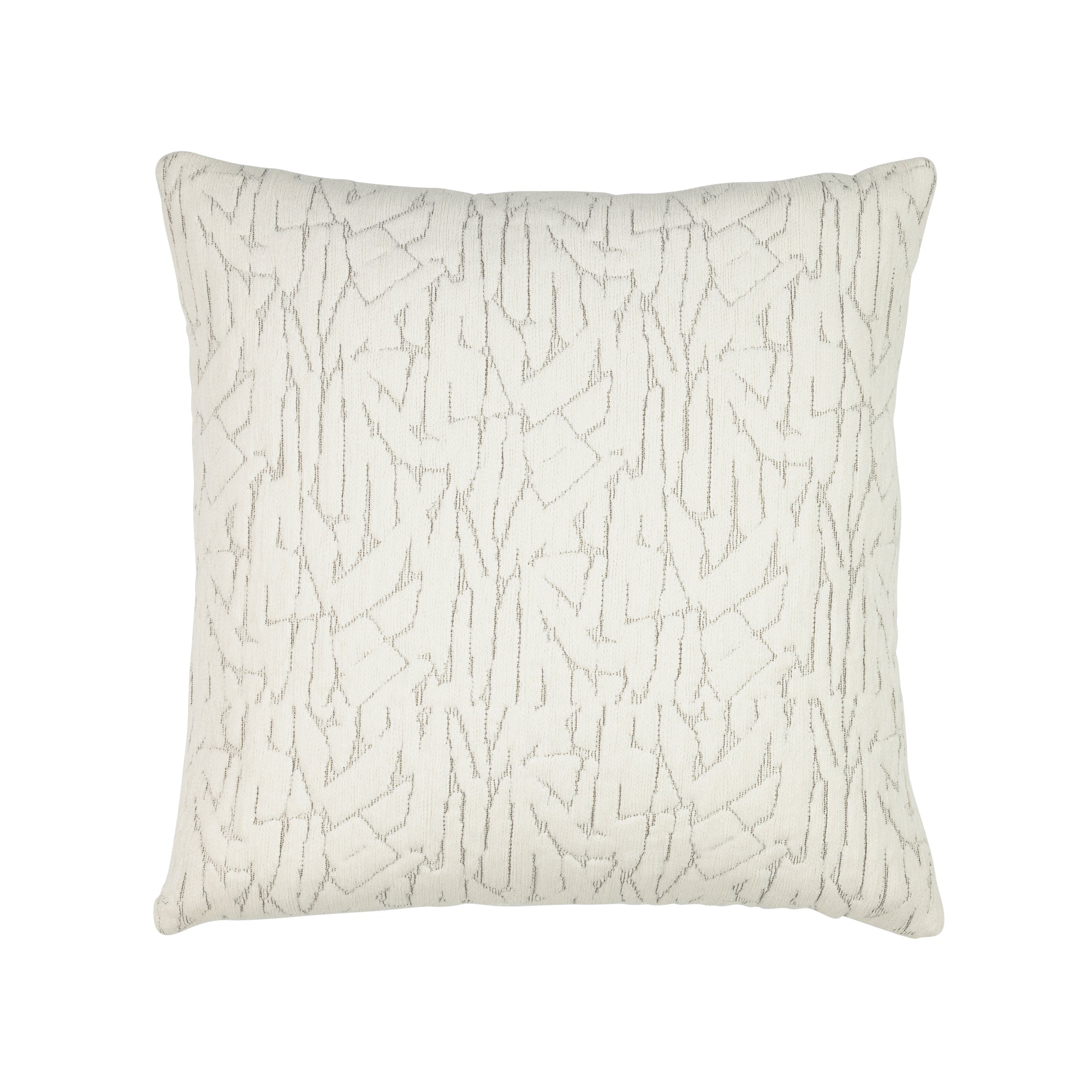 Pillow made from Ivory chenille outdoor-safe woven fabric with delicate broken line design