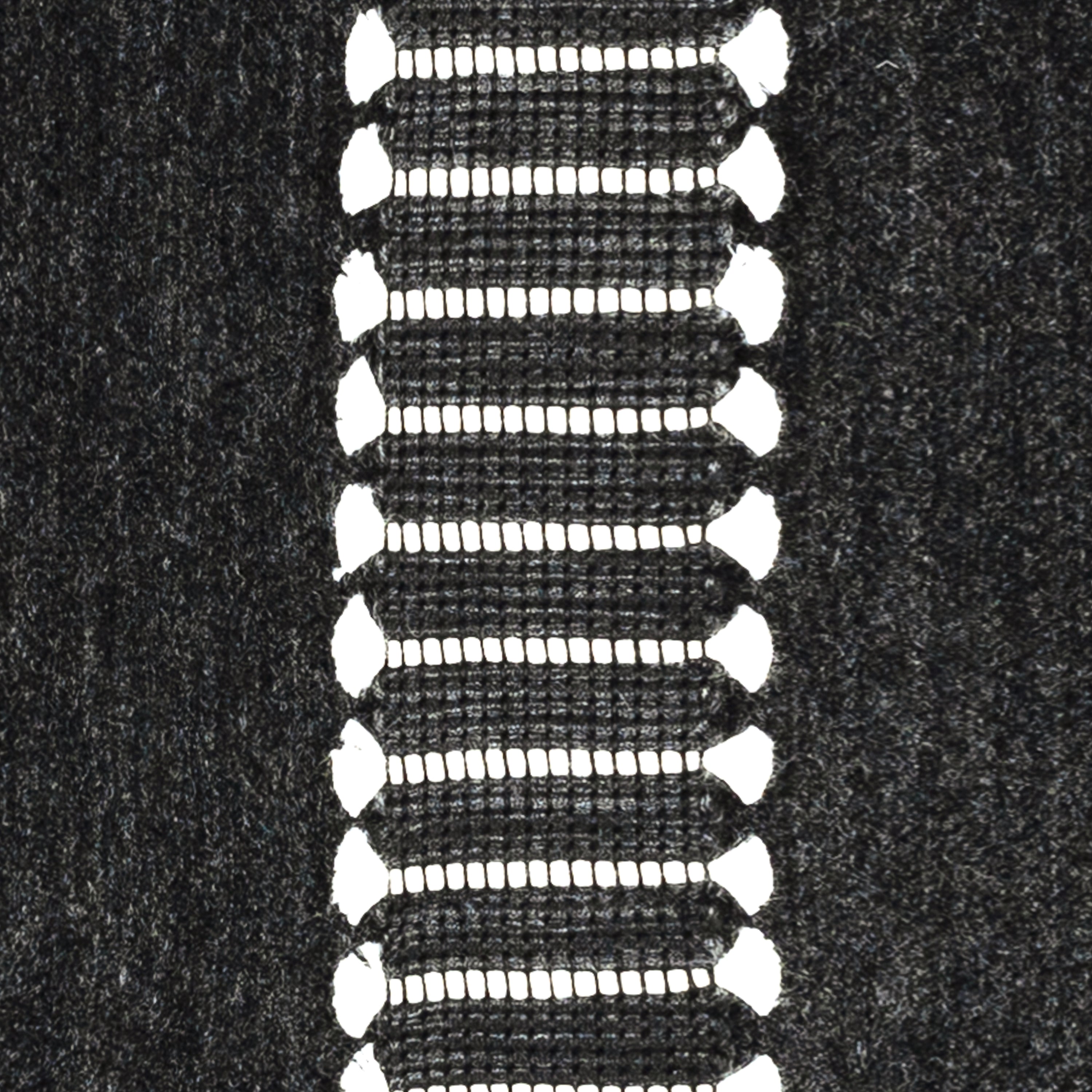 Detail image of Black velour pillow with black and white center band in square size for earthy indoor and outdoor decor