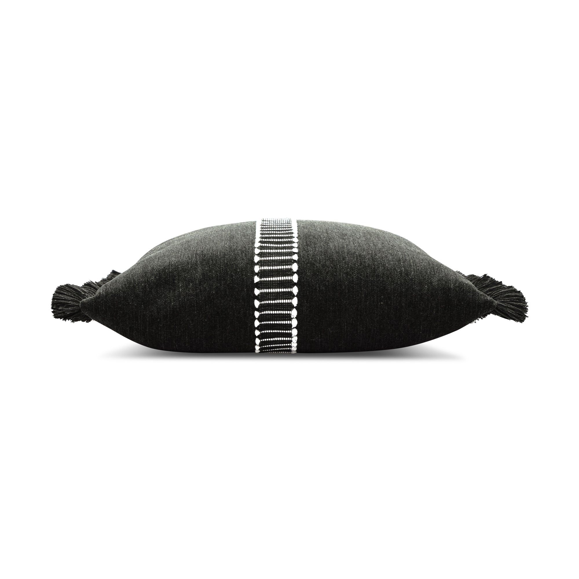 Side image of Black velour pillow with black and white center band in square size for earthy indoor and outdoor decor