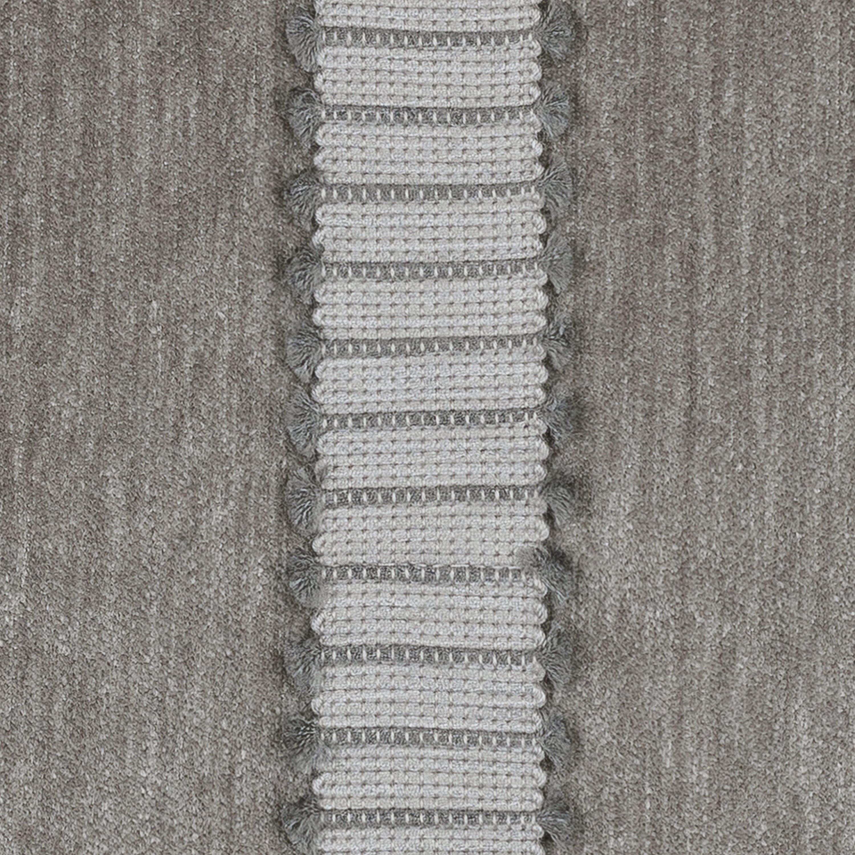 Detail image of Gray velour pillow with gray and white center band in square size for vibrant indoor and outdoor decor