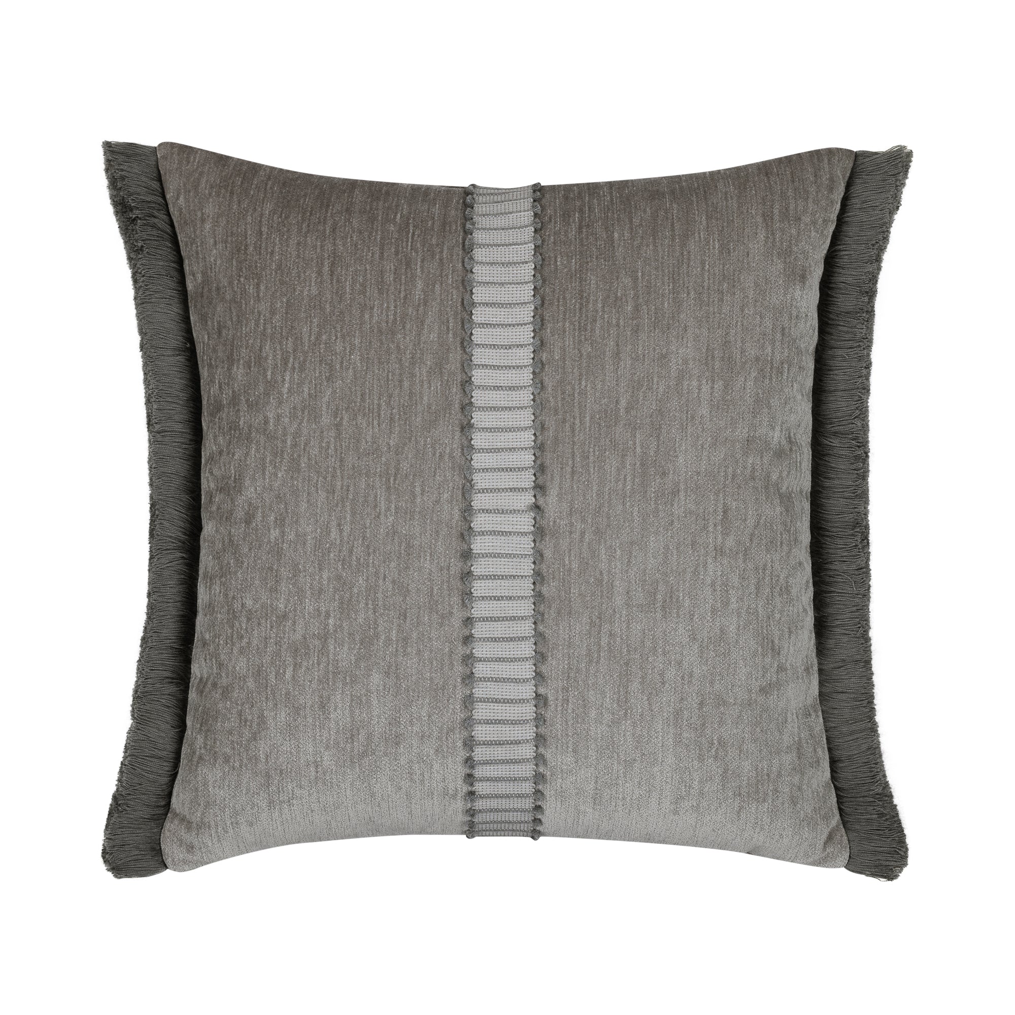 Gray velour pillow with gray and white center band in square size for vibrant indoor and outdoor decor