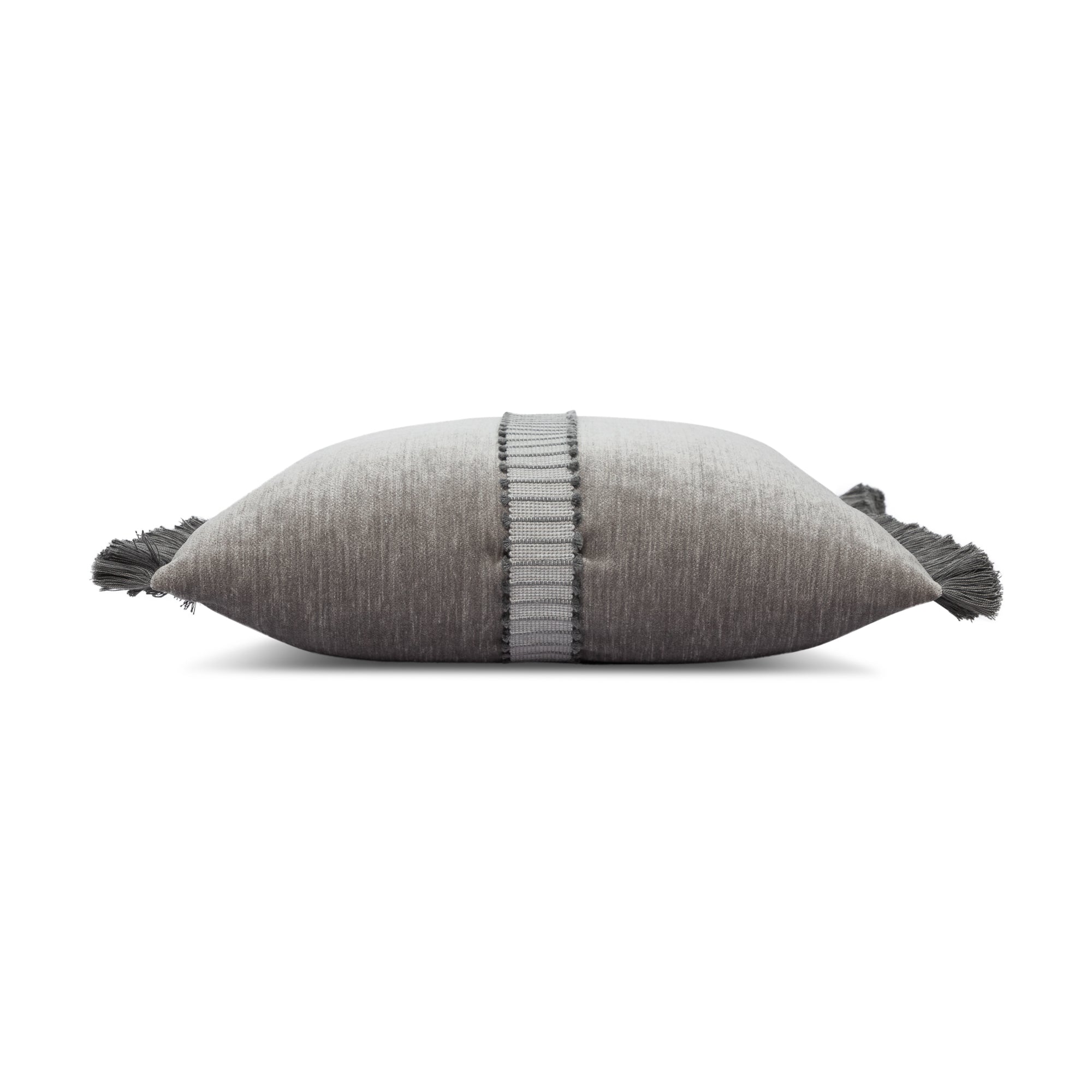 Side image of Gray velour pillow with gray and white center band in square size for vibrant indoor and outdoor decor