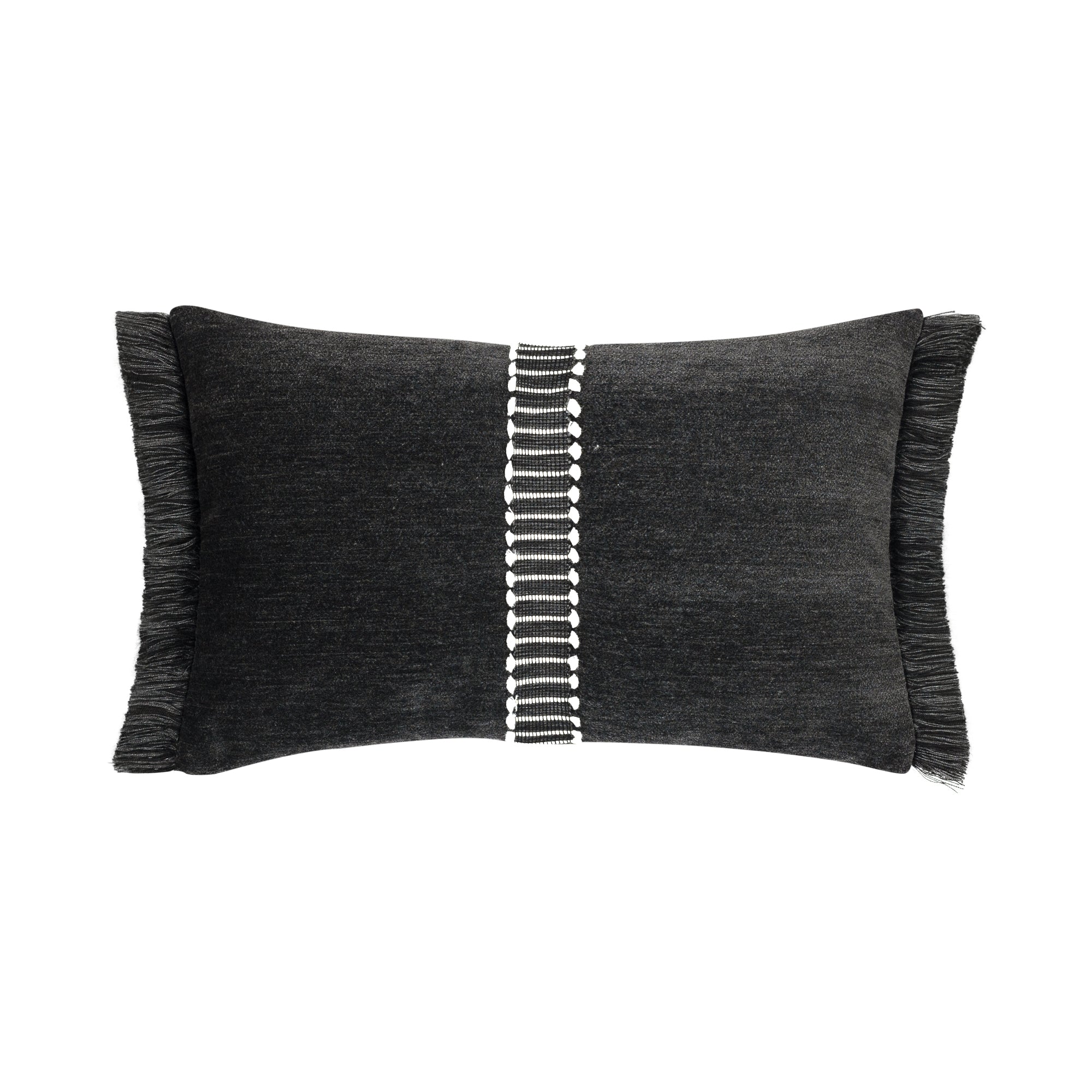 Black velour pillow with black and white center band in lumbar size for dramatic indoor and outdoor decor