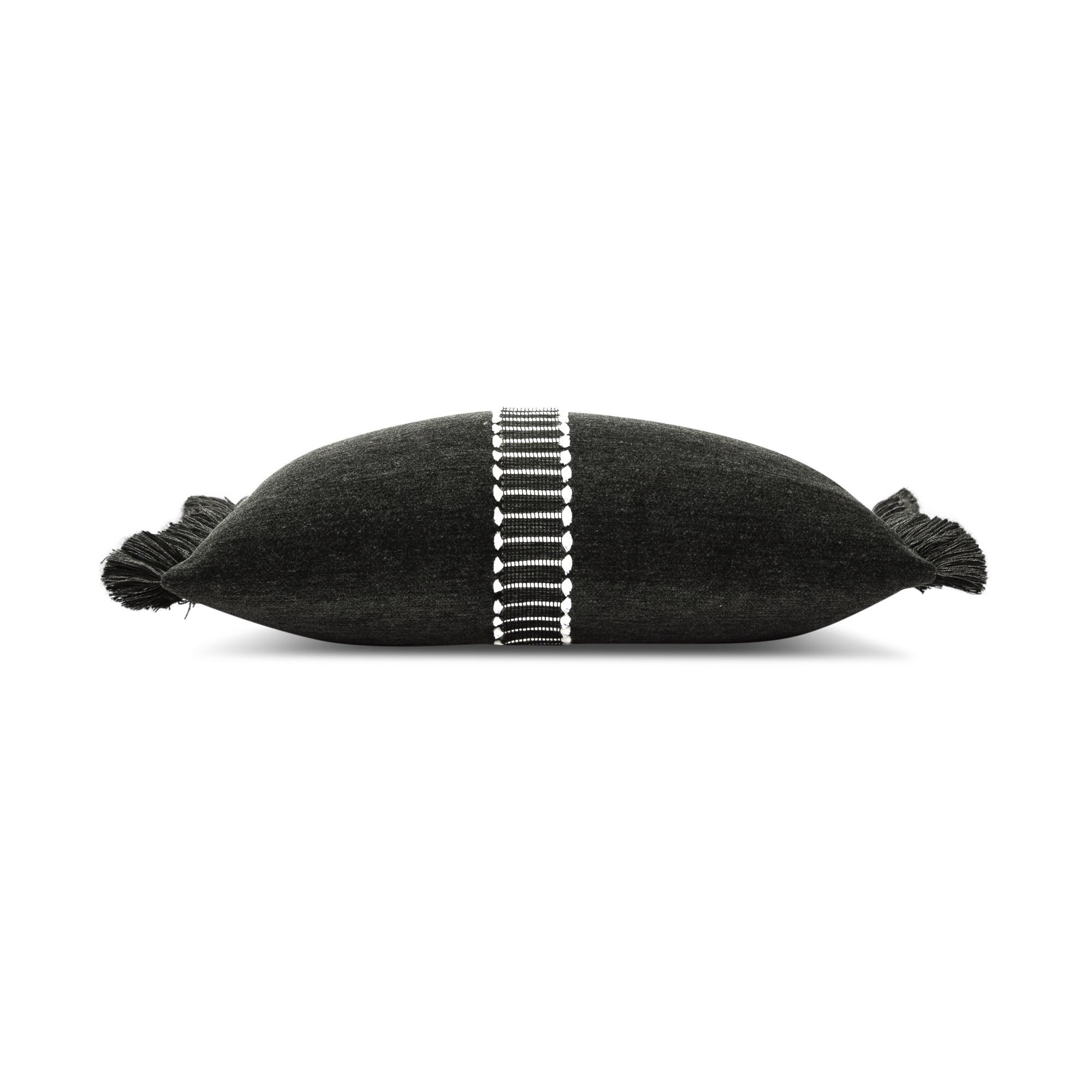 Side image of Black velour pillow with black and white center band in lumbar size for dramatic indoor and outdoor decor
