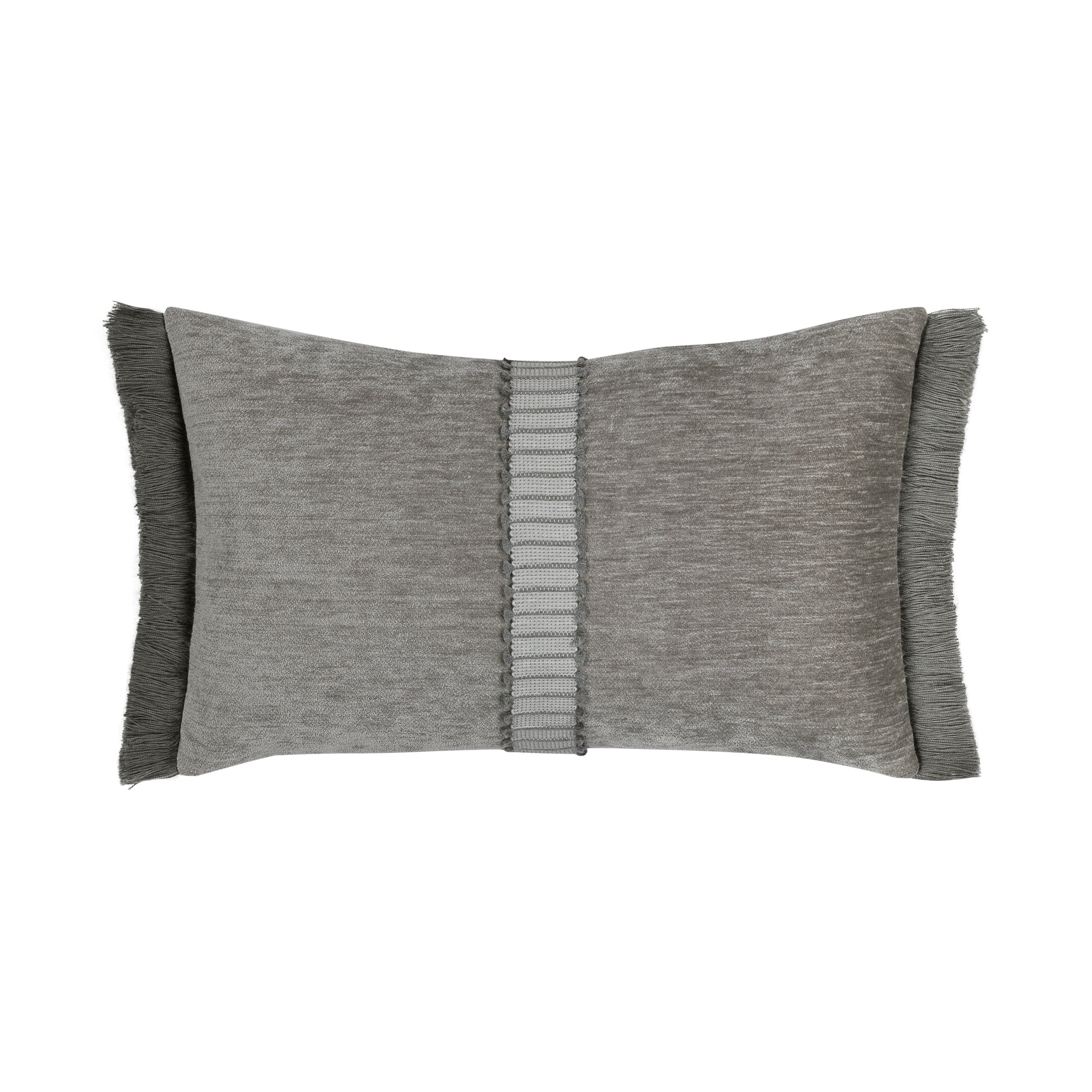 Gray velour pillow with gray and white center band in lumbar size for coastal indoor and outdoor decor