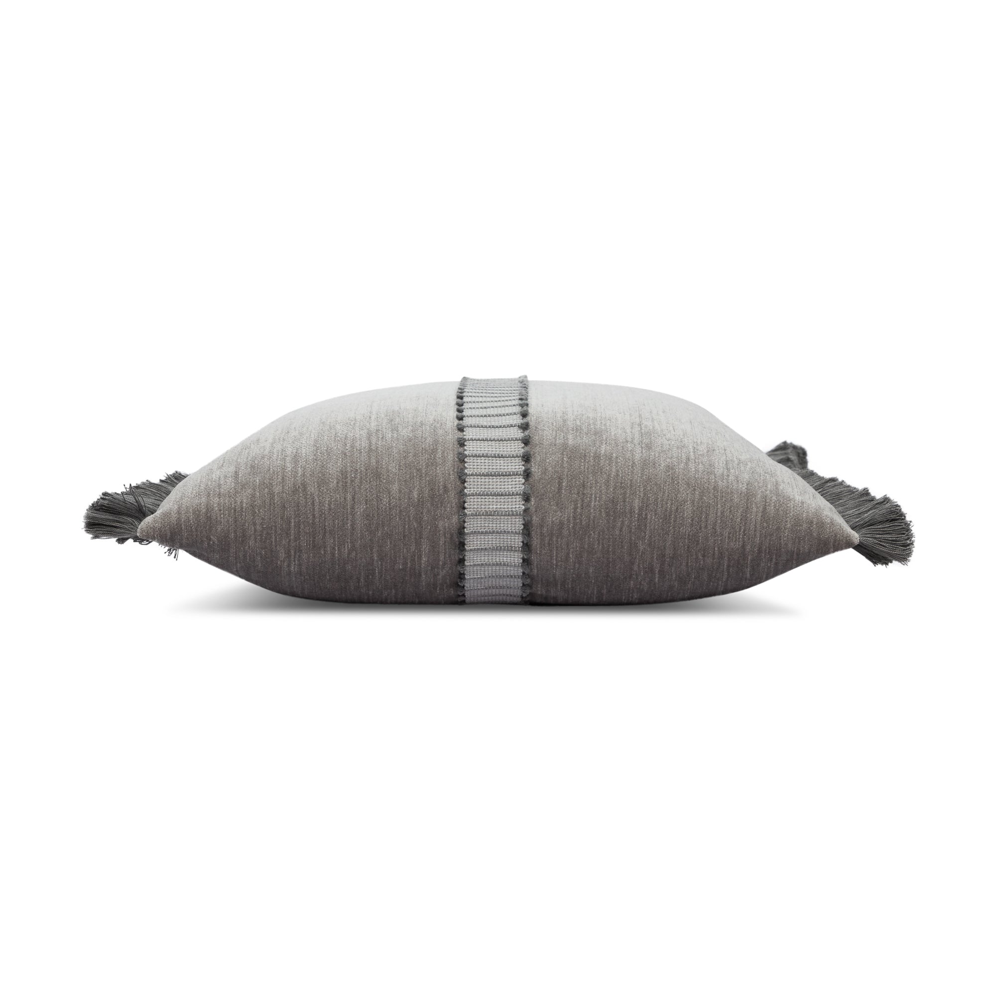 Side image of Gray velour pillow with gray and white center band in lumbar size for coastal indoor and outdoor decor