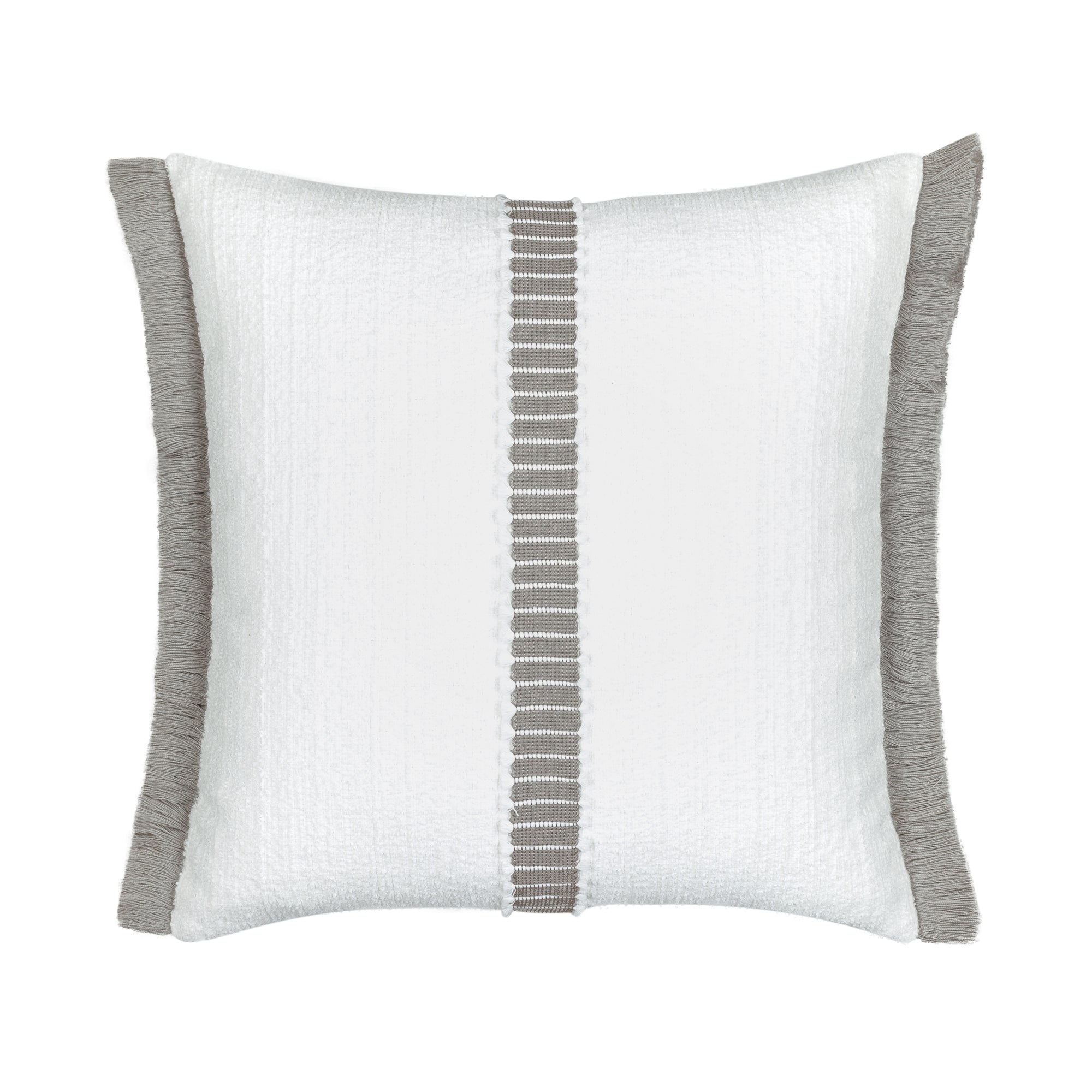 White outdoor pillow with gray center band, square size for contemporary outdoor seating