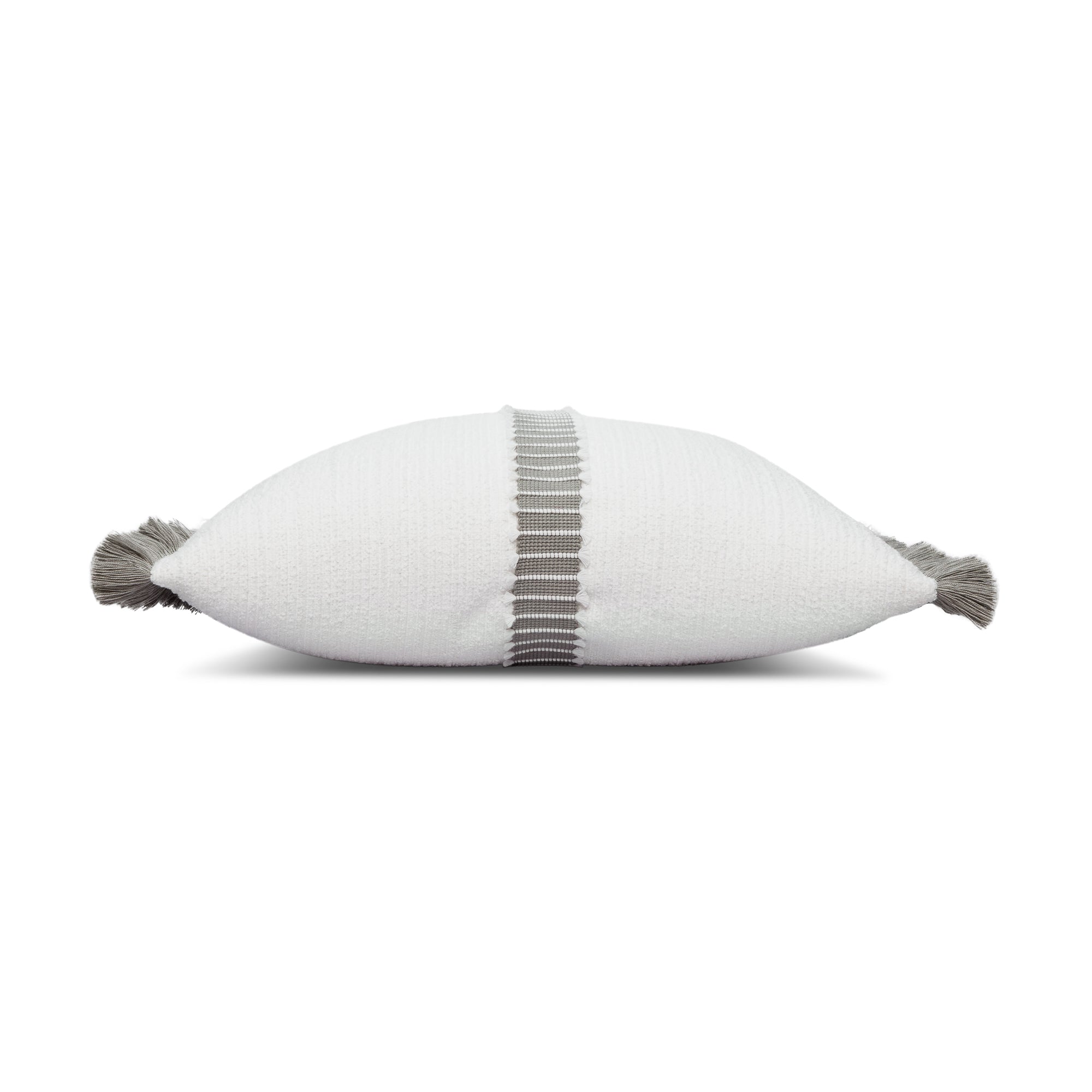 Side image of White outdoor pillow with gray center band, square size for contemporary outdoor seating