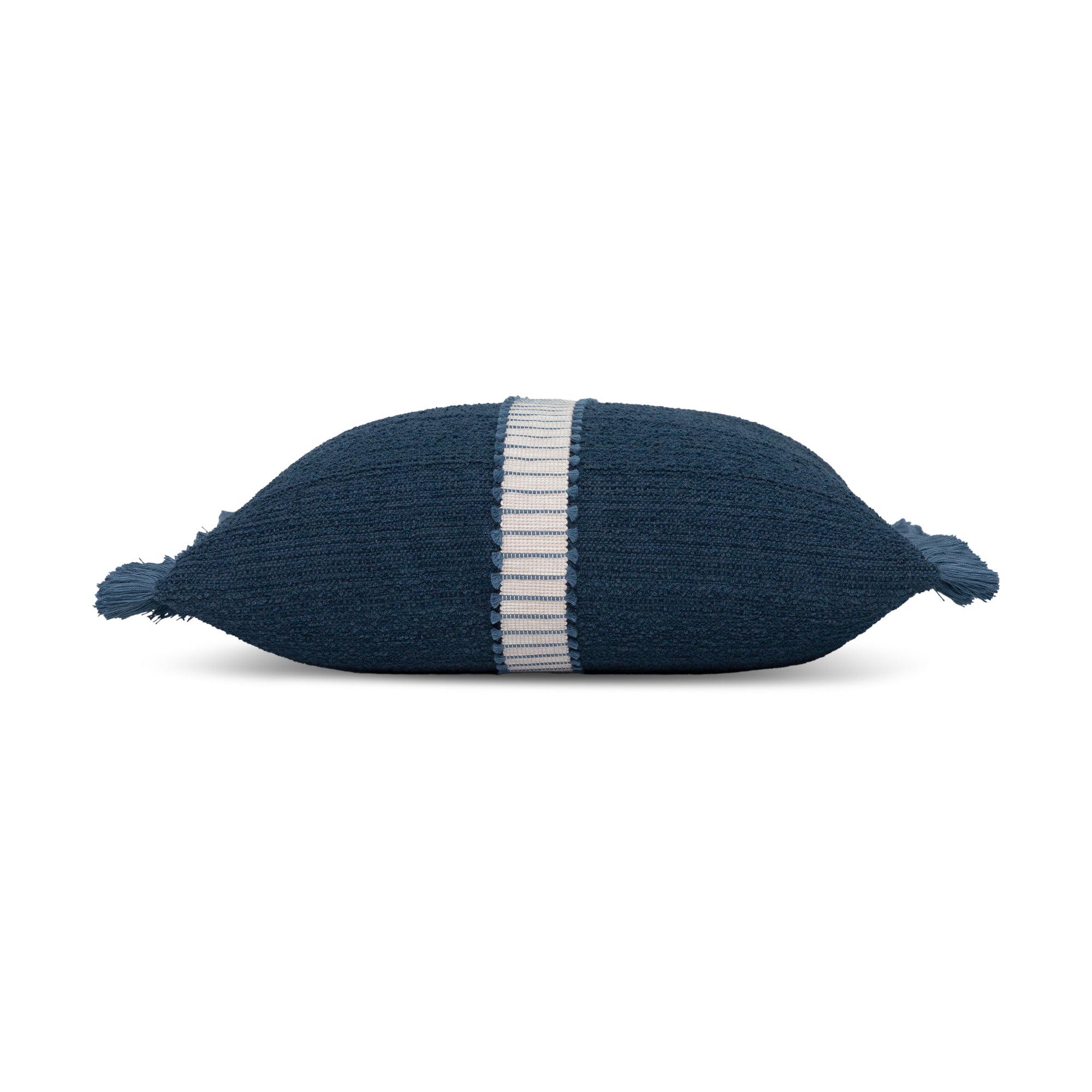 Side image of Navy outdoor pillow with solid texture, lumbar size for versatile outdoor styling