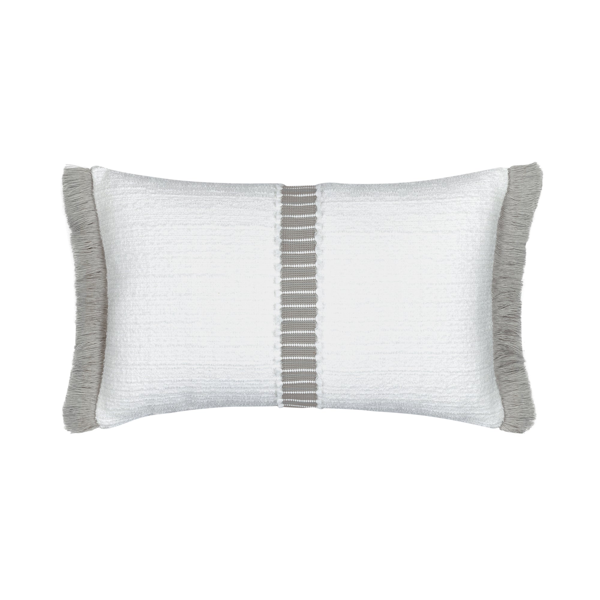 White outdoor pillow with gray center band, lumbar size for transitional outdoor spaces by Elaine Smith