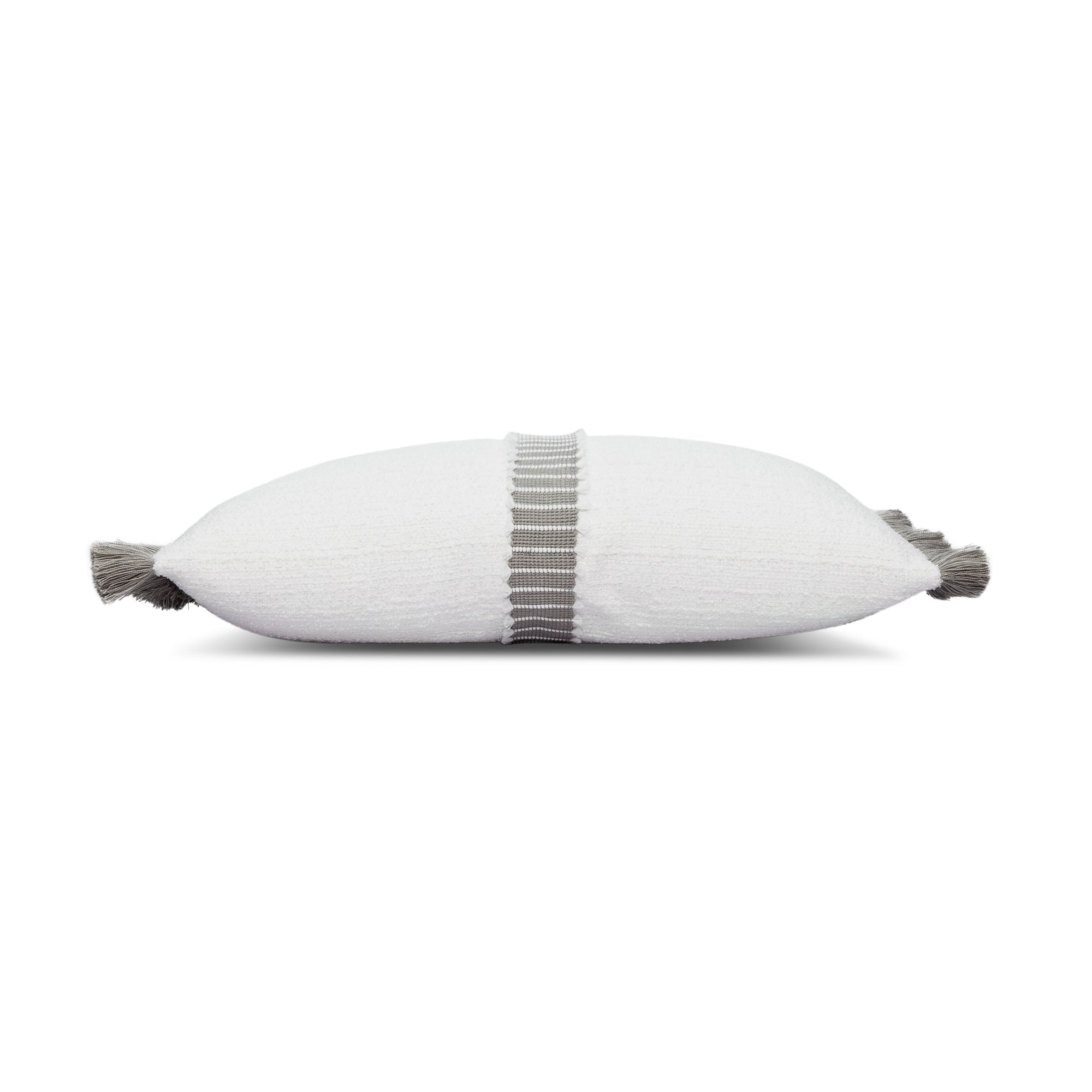 Side image of White outdoor pillow with gray center band, lumbar size for transitional outdoor spaces by Elaine Smith