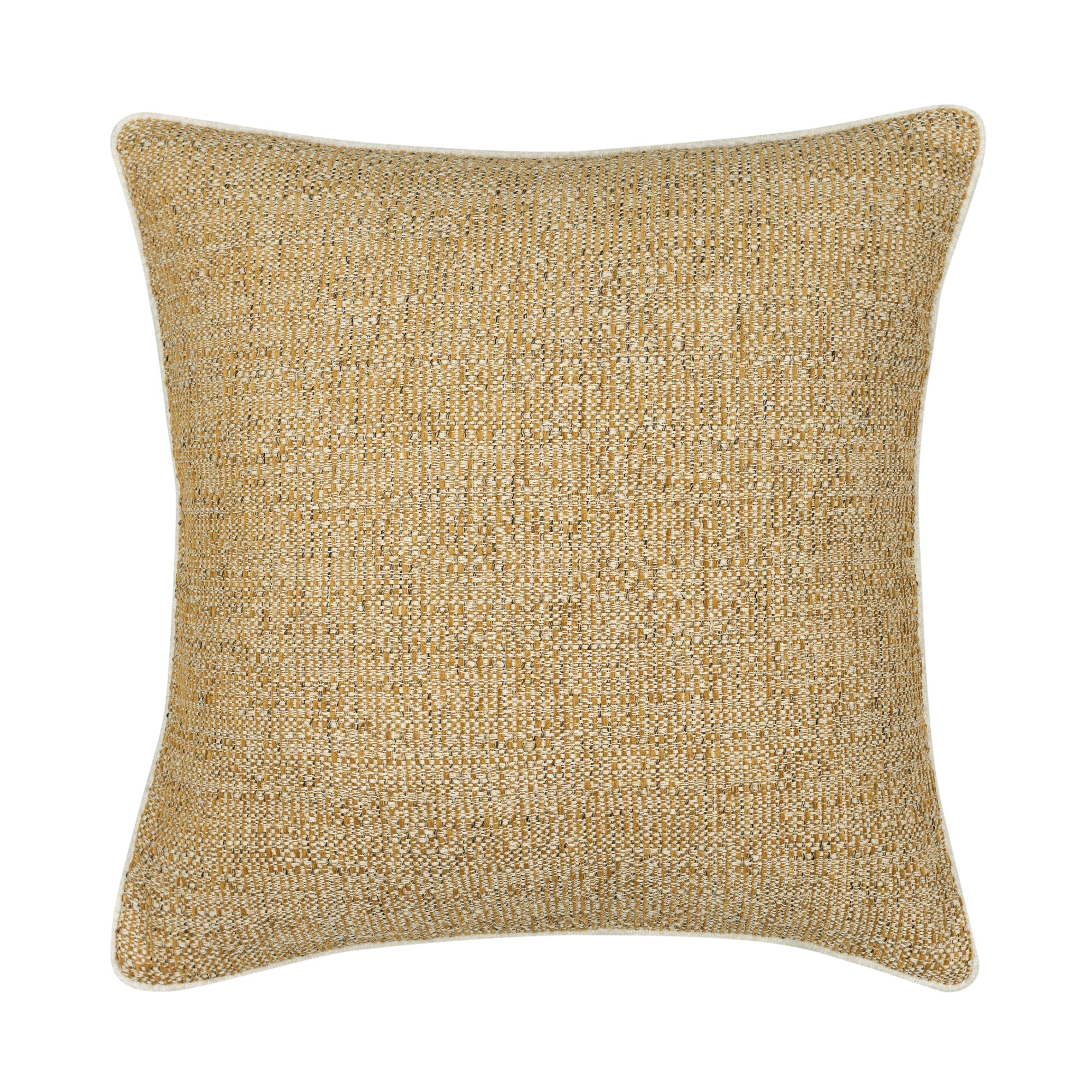 Gold outdoor pillow with woven texture square size with ivory cording for earthy patio decor by Elaine Smith
