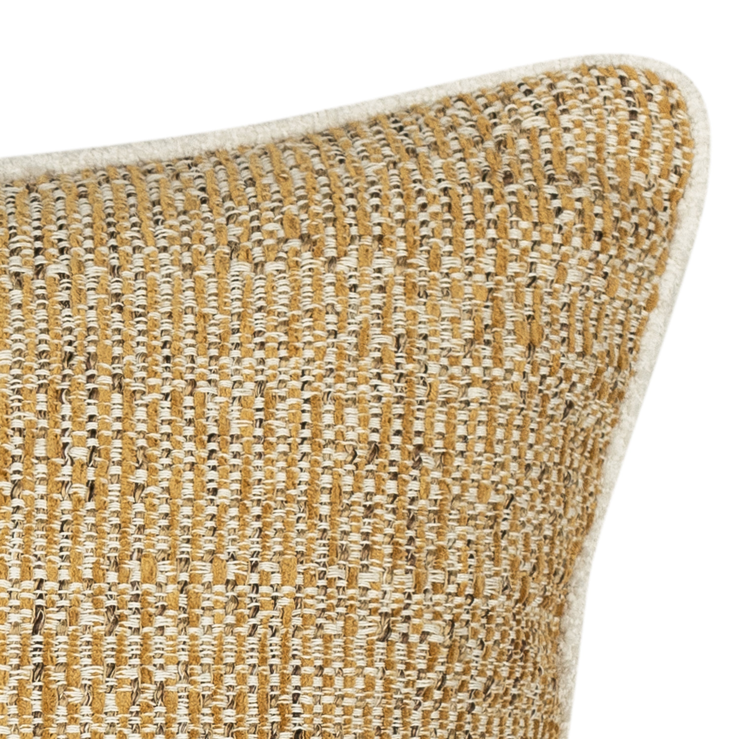 Detail image of Gold outdoor pillow with woven texture and ivory cording in square size for classic patio decor