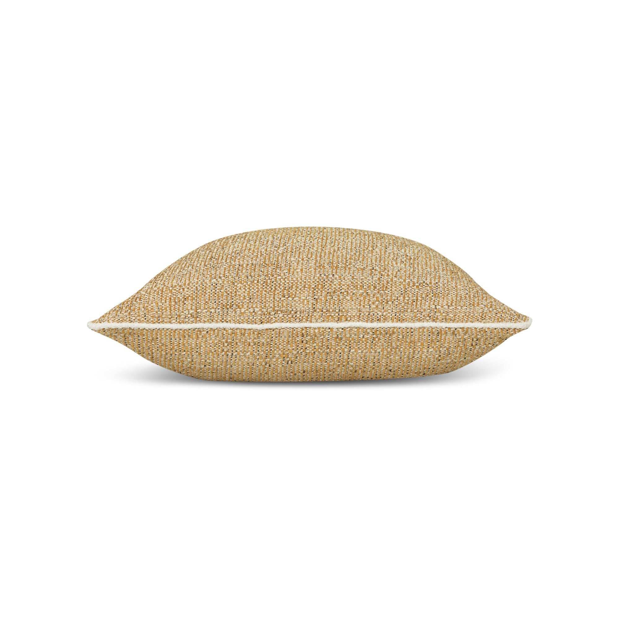 Side image of Gold outdoor pillow with woven texture and ivory cording in square size for classic patio decor