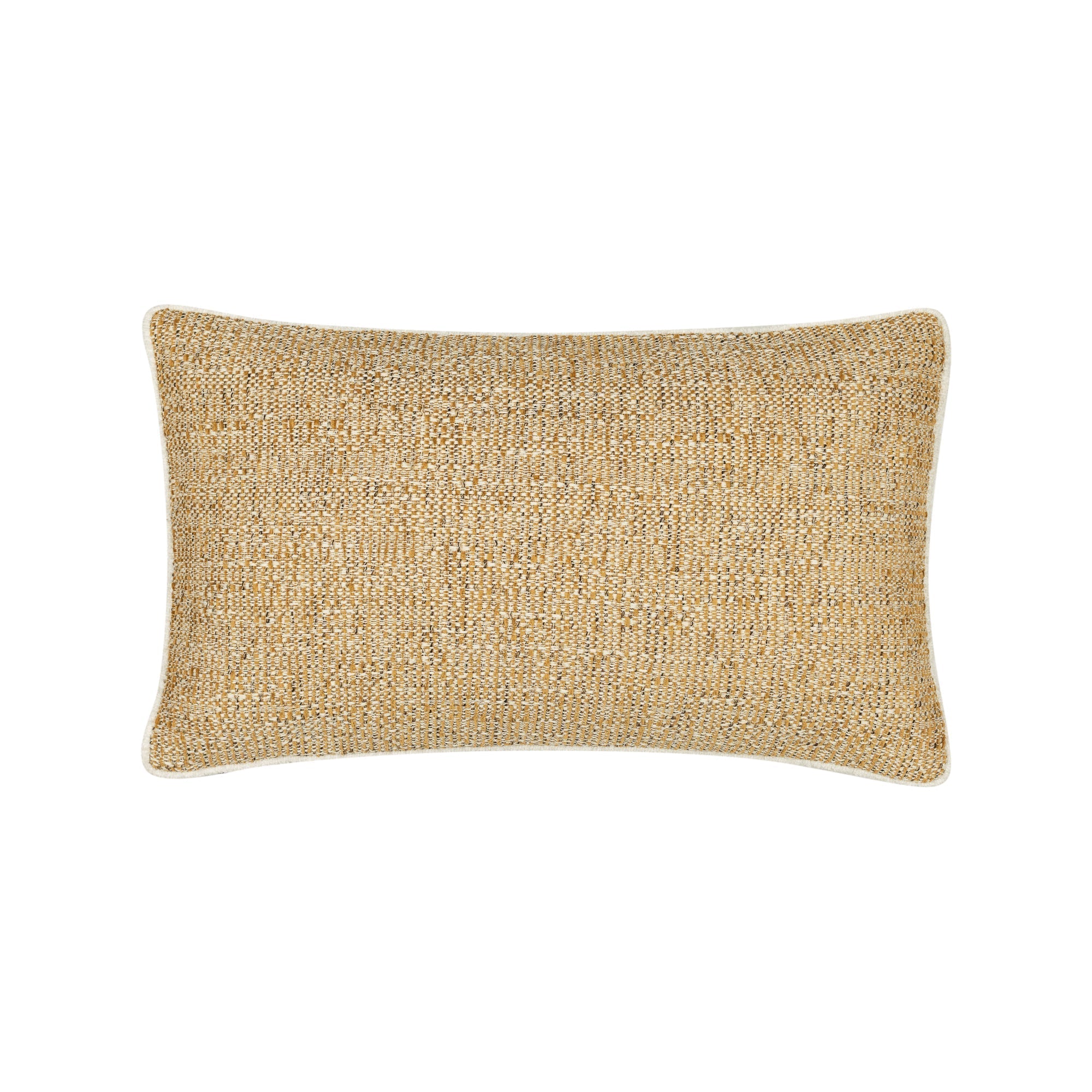 Gold outdoor pillow with woven texture and ivory cording in lumbar size for classic patio decor