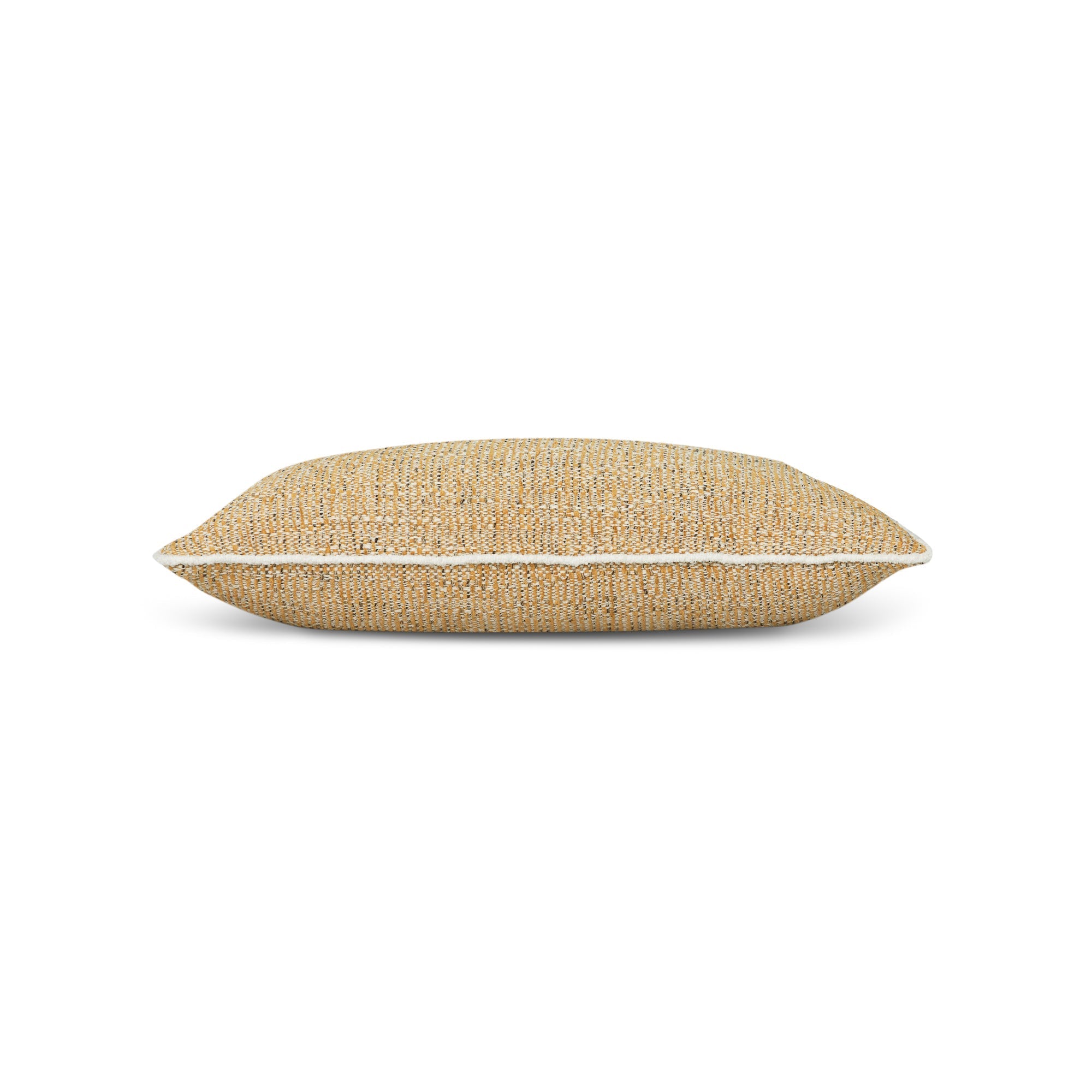 Side image of Gold outdoor pillow with woven texture and ivory cording in lumbar size for classic patio decor
