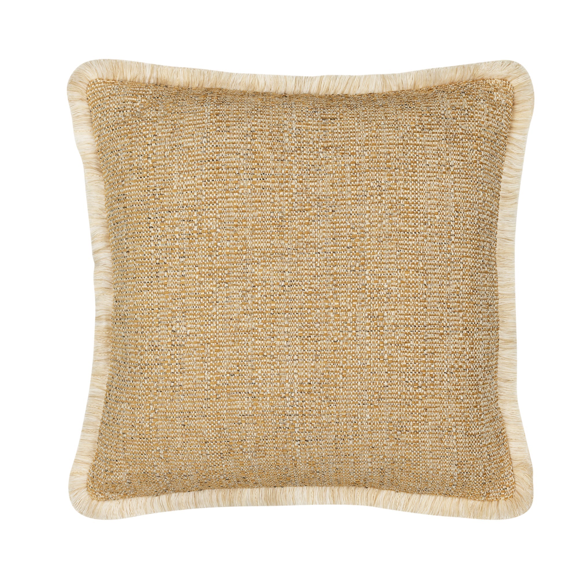 Gold outdoor pillow with ivory fringe square size for classic patio decor