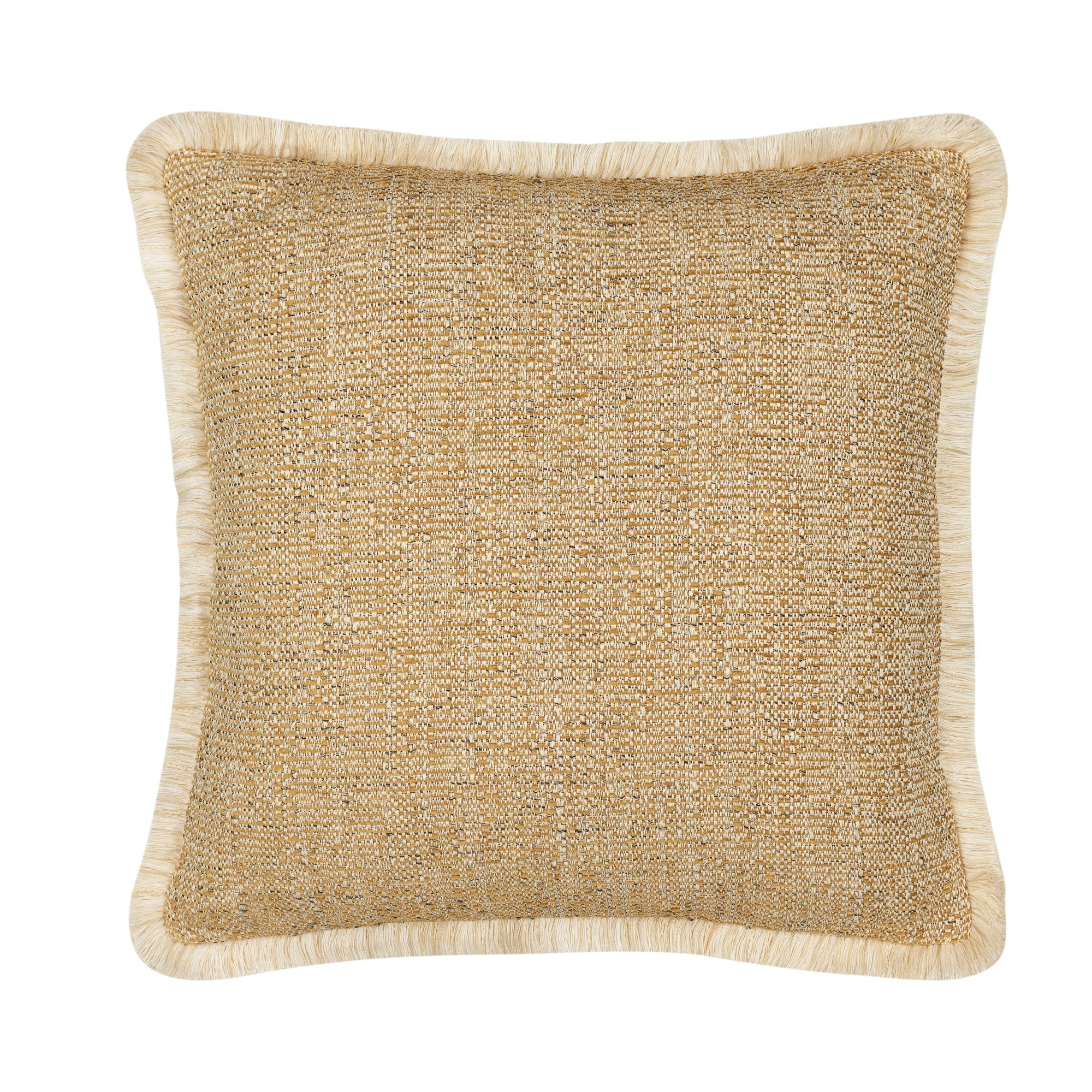 Gold outdoor pillow with ivory fringe square size for classic patio decor