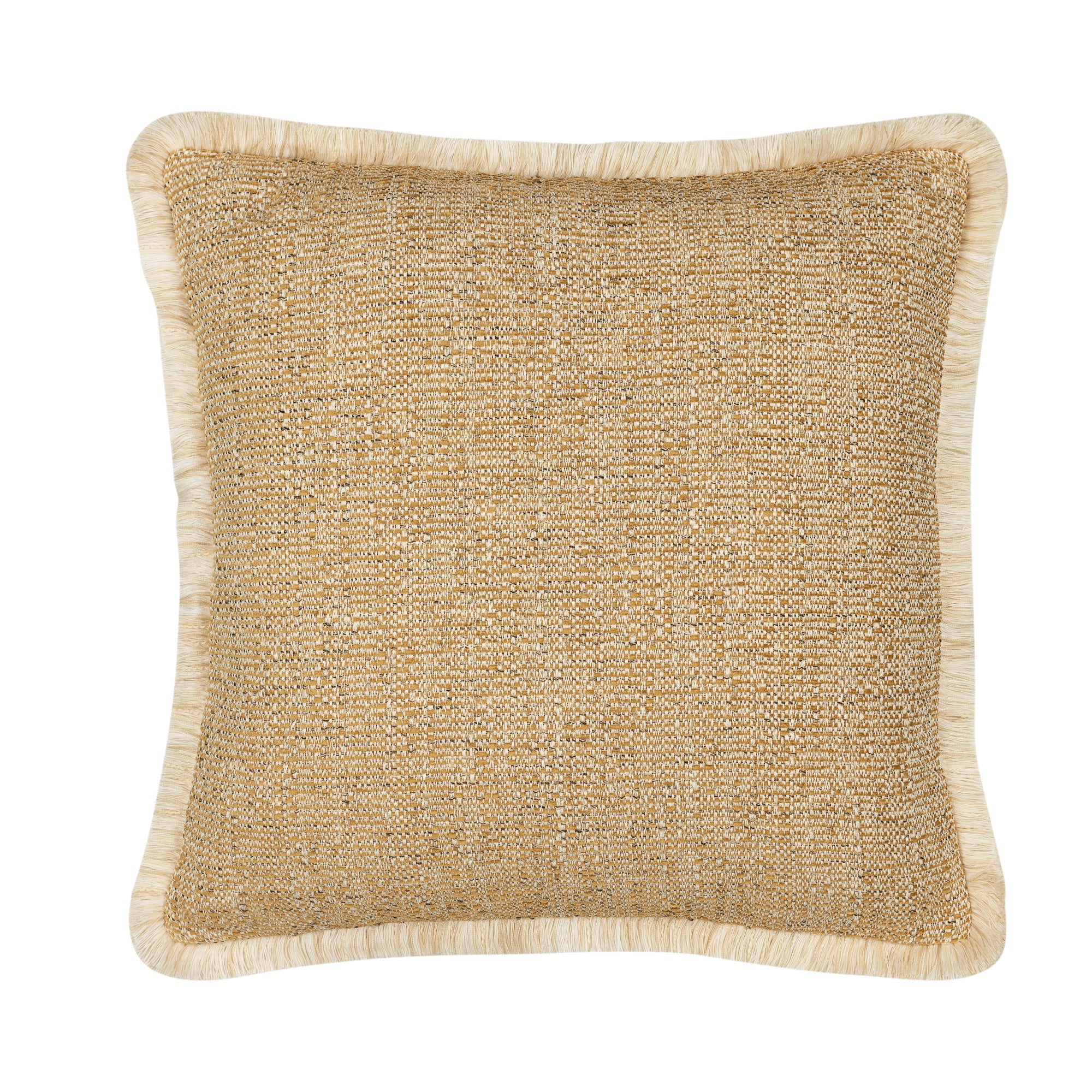 Gold outdoor pillow with ivory fringe square size for classic patio decor