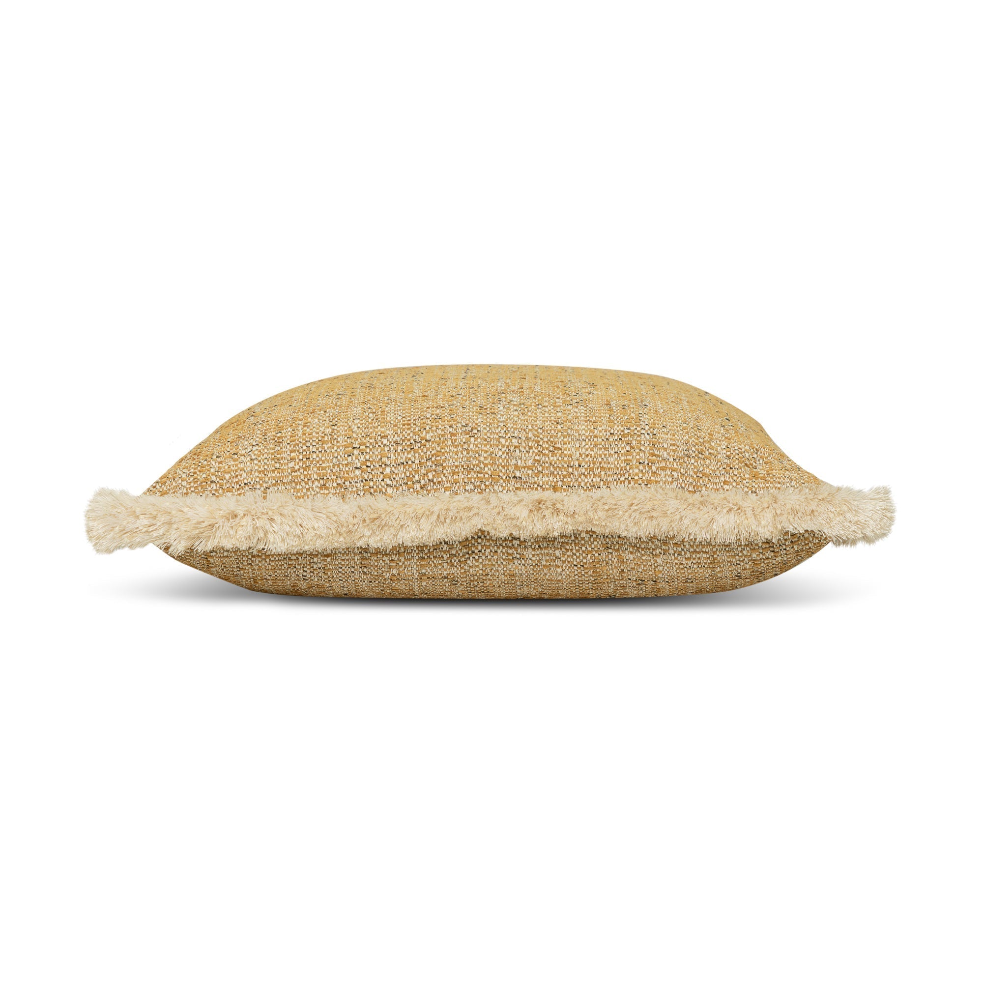 Side image of Gold outdoor pillow with ivory fringe square size for classic patio decor