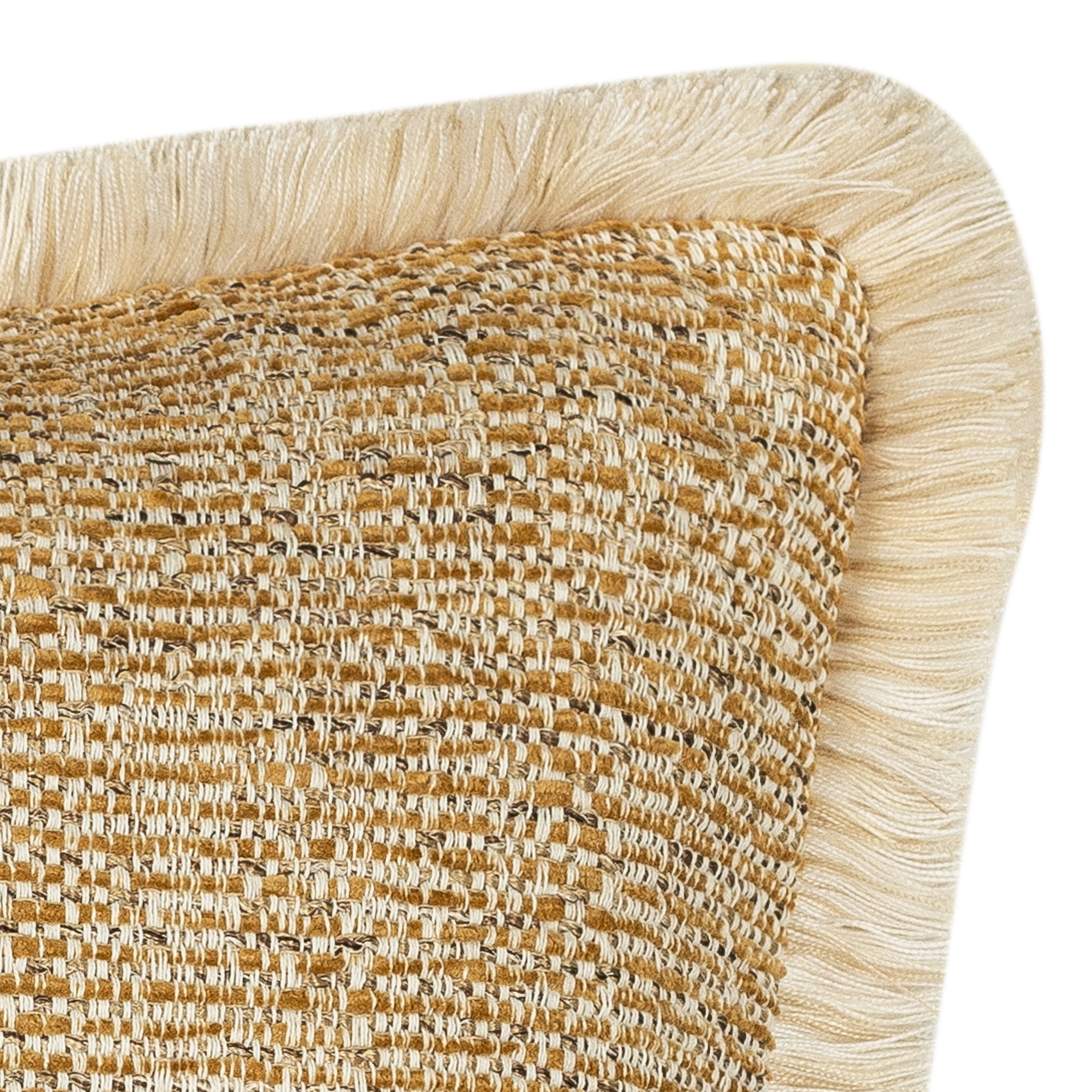 Detail image of Golden outdoor pillow with textured finish and ivory fringe in lumbar size for stylish patio decor