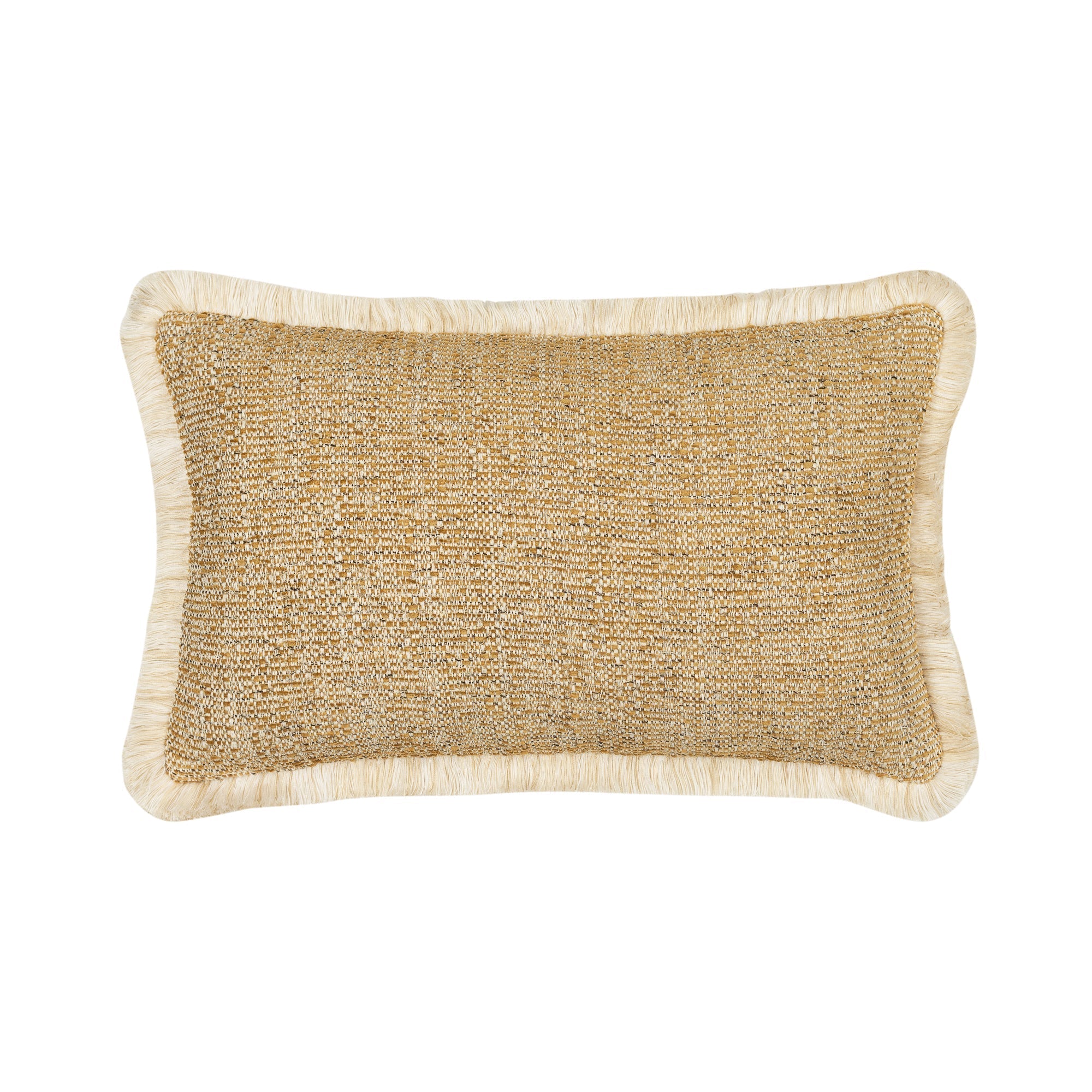 Golden outdoor pillow with textured finish and ivory fringe in lumbar size for stylish patio decor