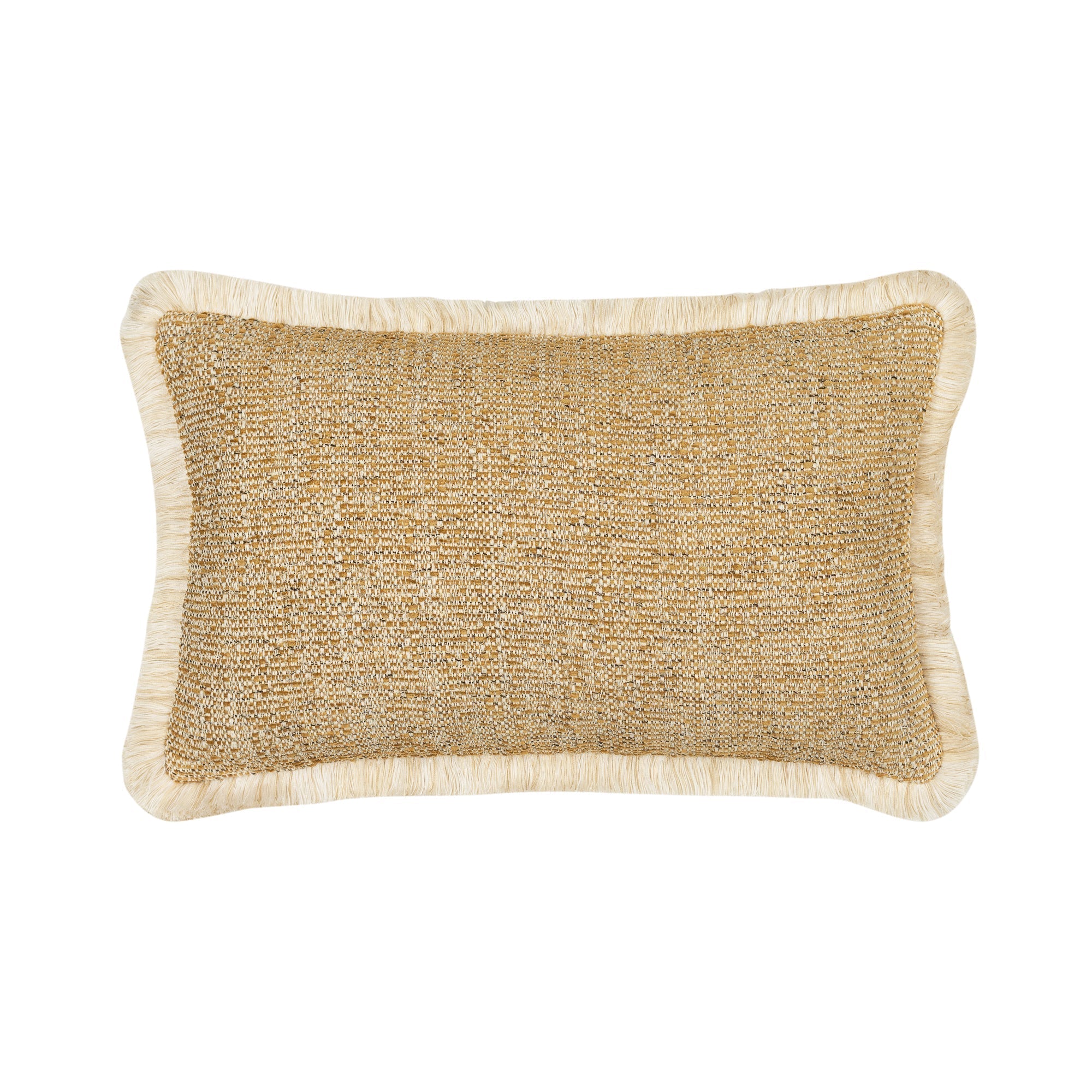 Golden outdoor pillow with textured finish and ivory fringe in lumbar size for stylish patio decor