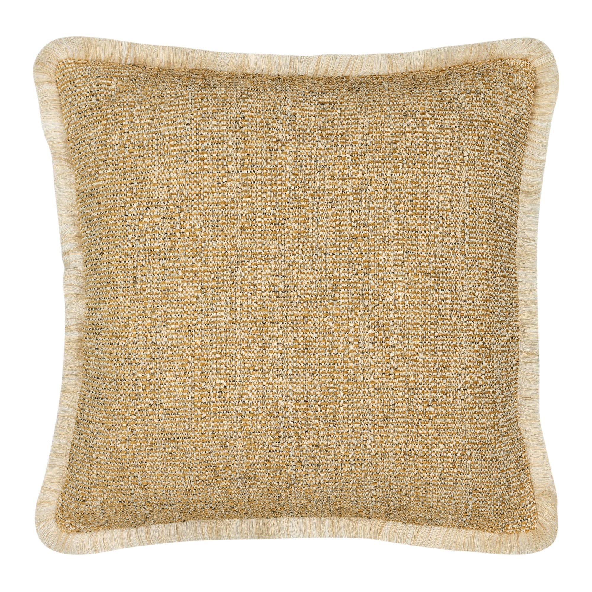 Golden outdoor pillow with ivory fringe square size for classic patio decor