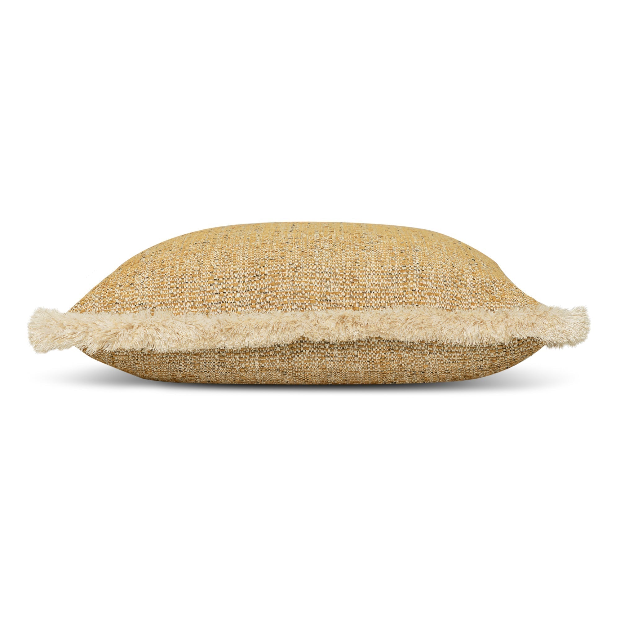 Side image of Golden outdoor pillow with ivory fringe square size for classic patio decor