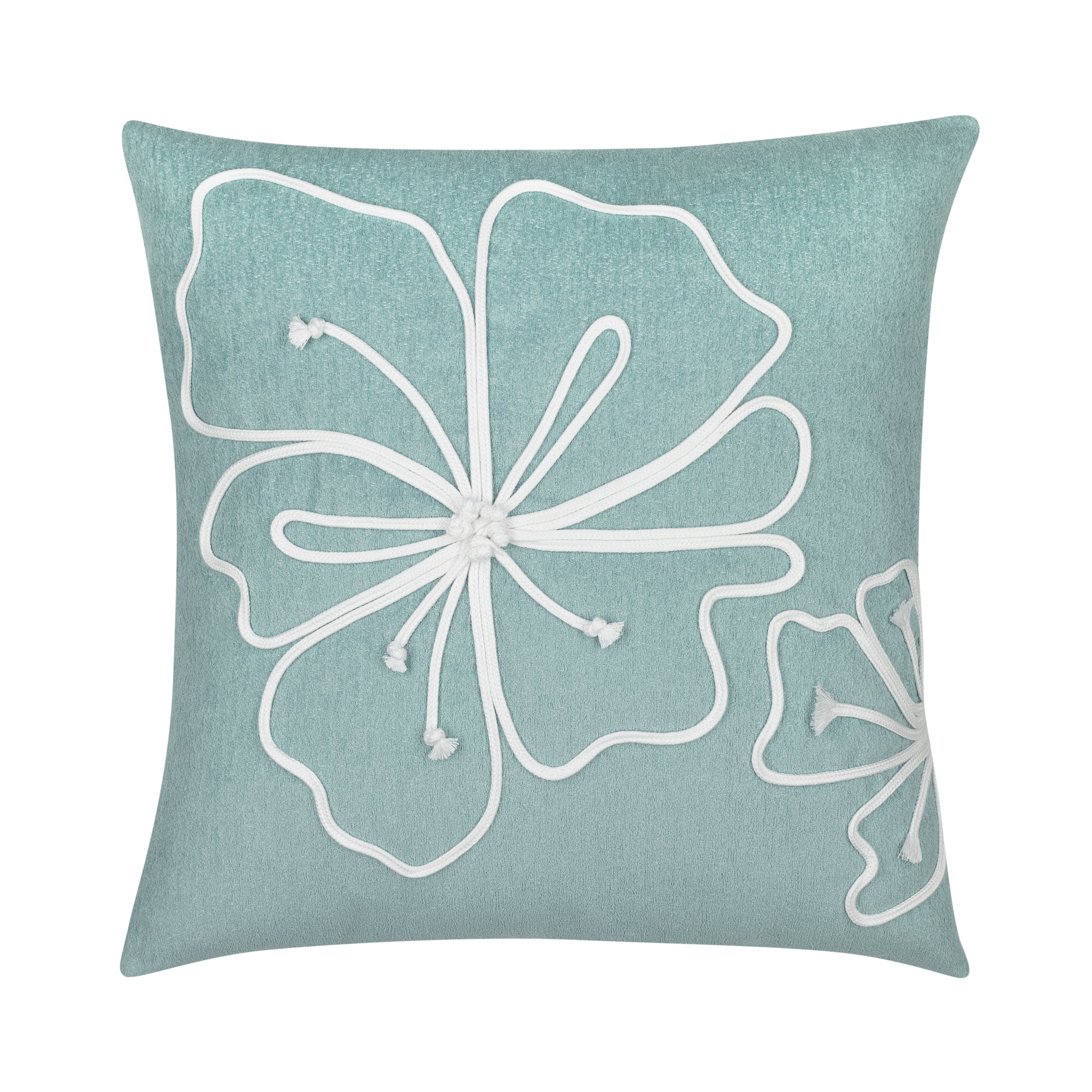 Pillow made from Wam mist blue luxury outdoor safe woven fabric with soft satin chenille – Hibiscus Mist by Elaine Smith