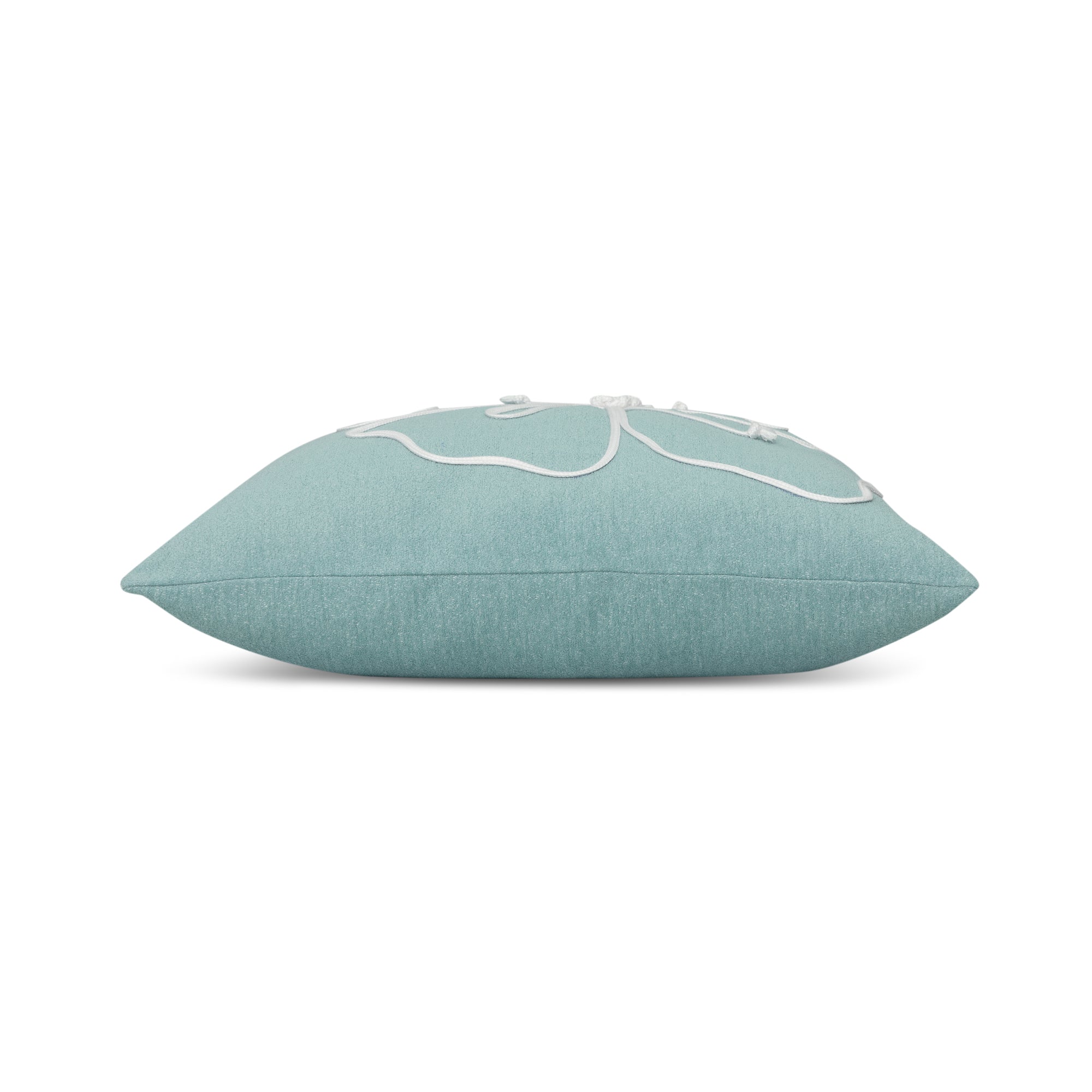 Side image of Soft aqua outdoor pillow with solid texture and stitched white flower in square size for soft patio decor by Elaine Smith