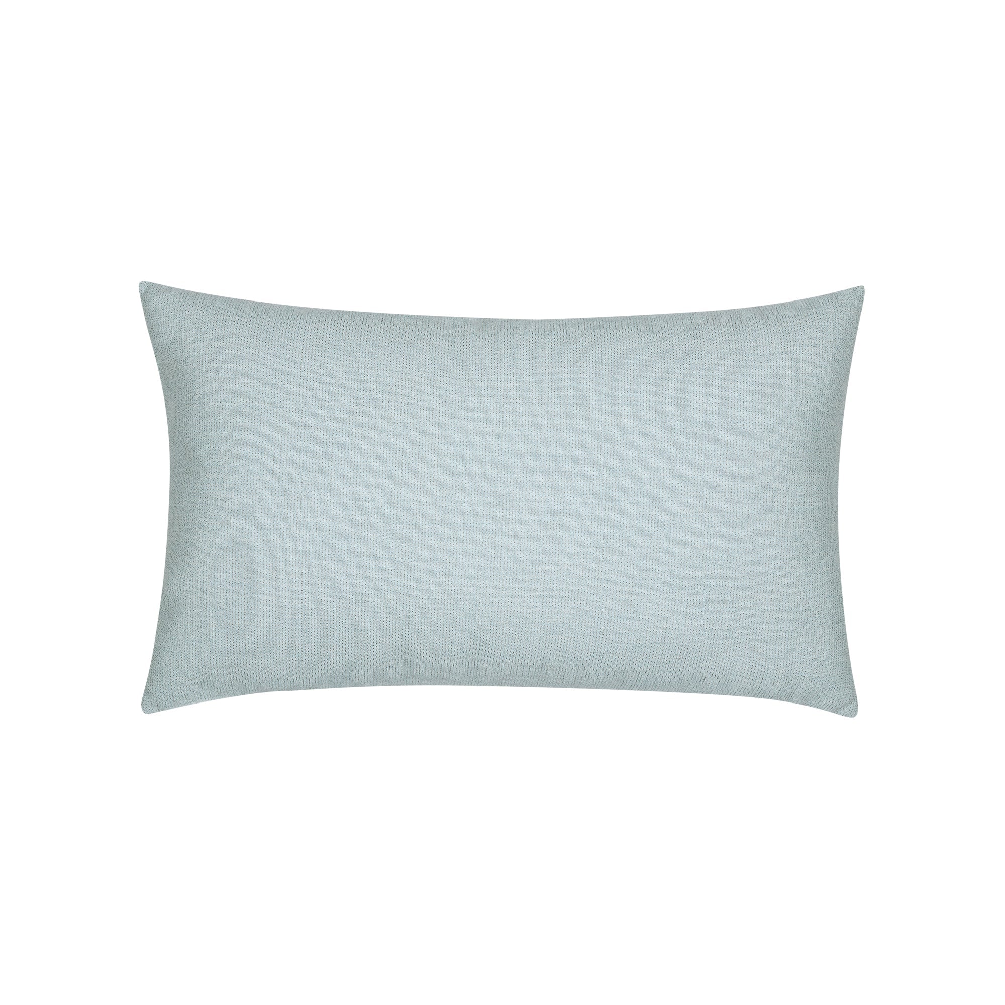 Back image of light blue outdoor pillow with solid texture lumbar size for refreshing patio decor