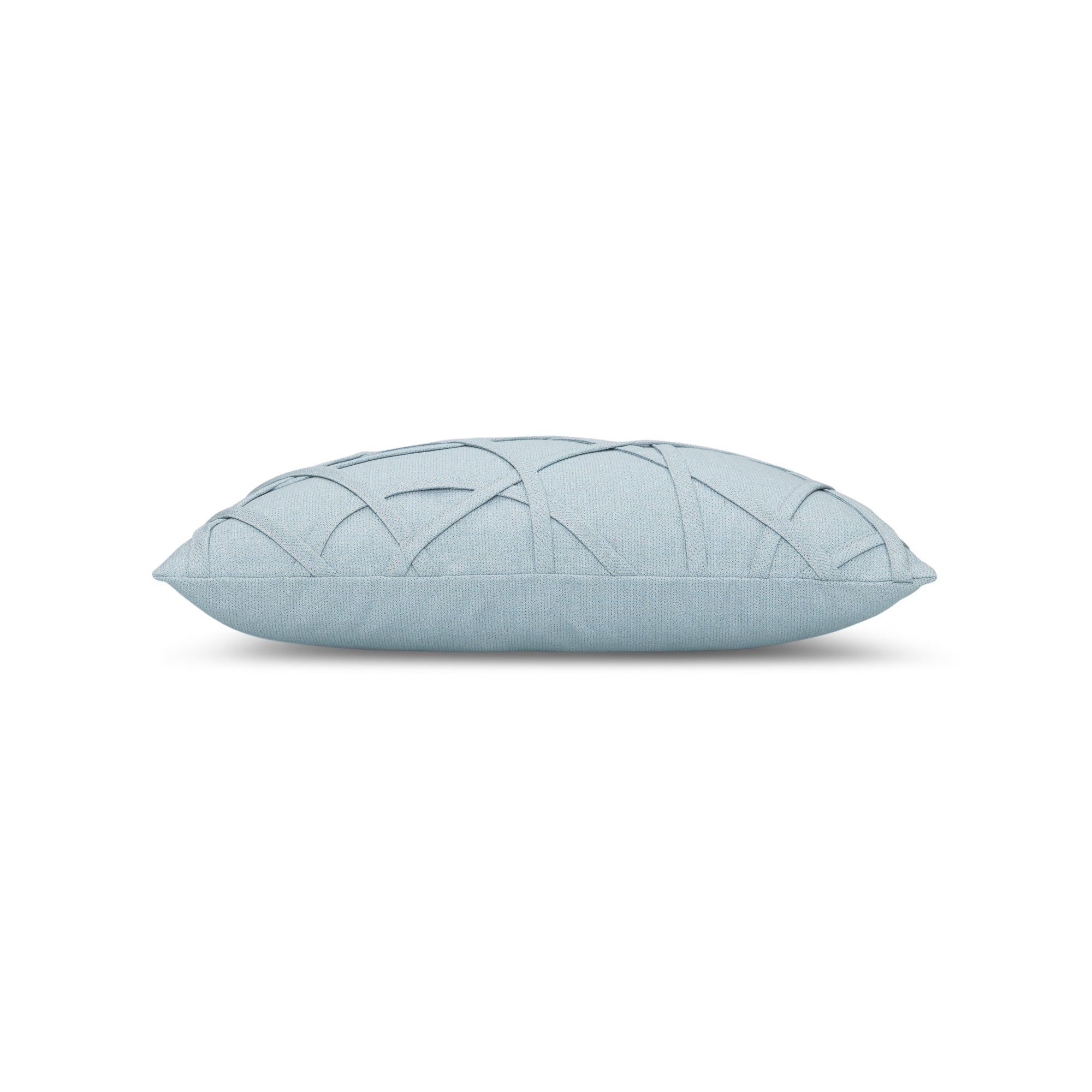 Side image of light blue outdoor pillow with solid texture lumbar size for refreshing patio decor