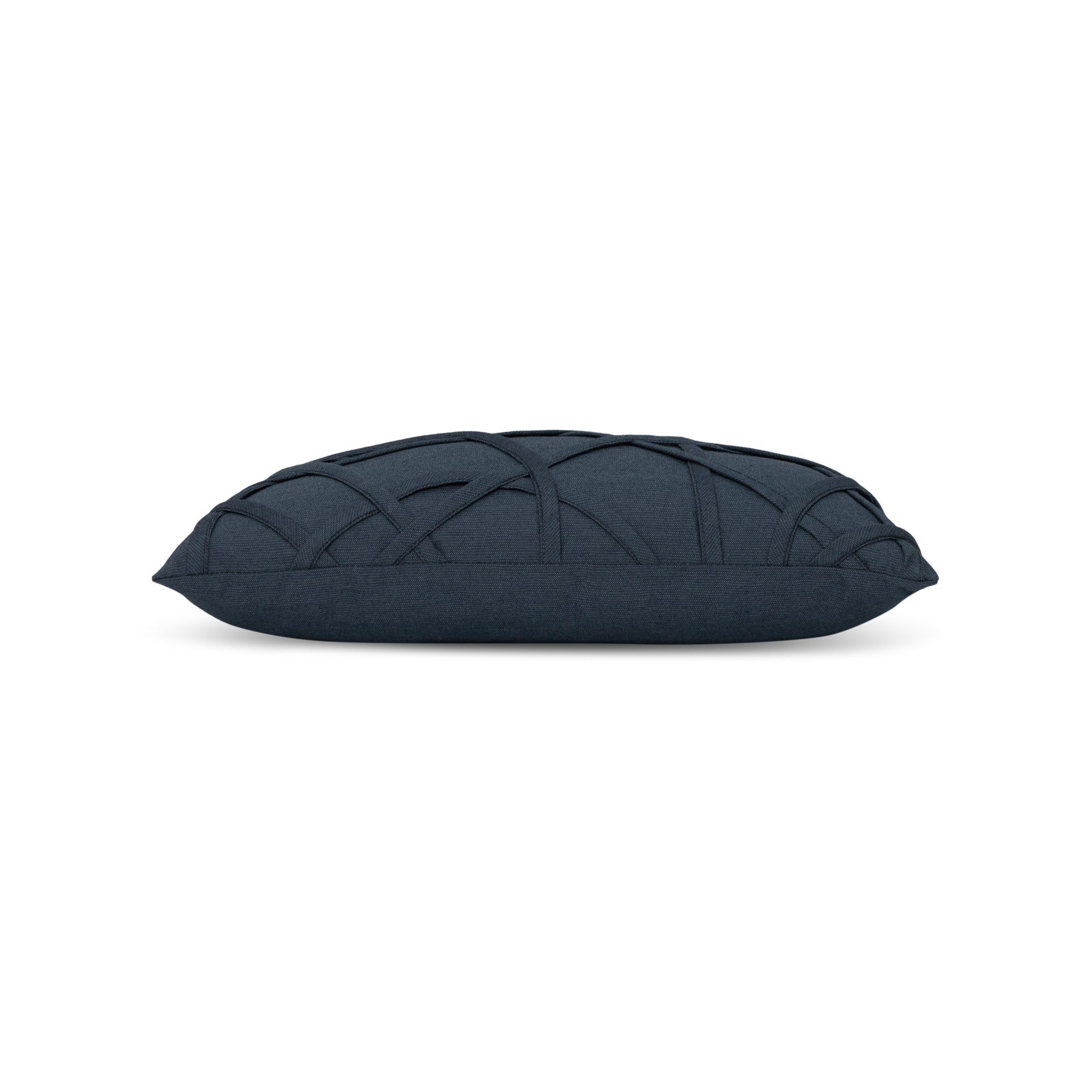 Side image of Indigo outdoor pillow with solid texture lumbar size for elegant patio decor by Elaine Smith
