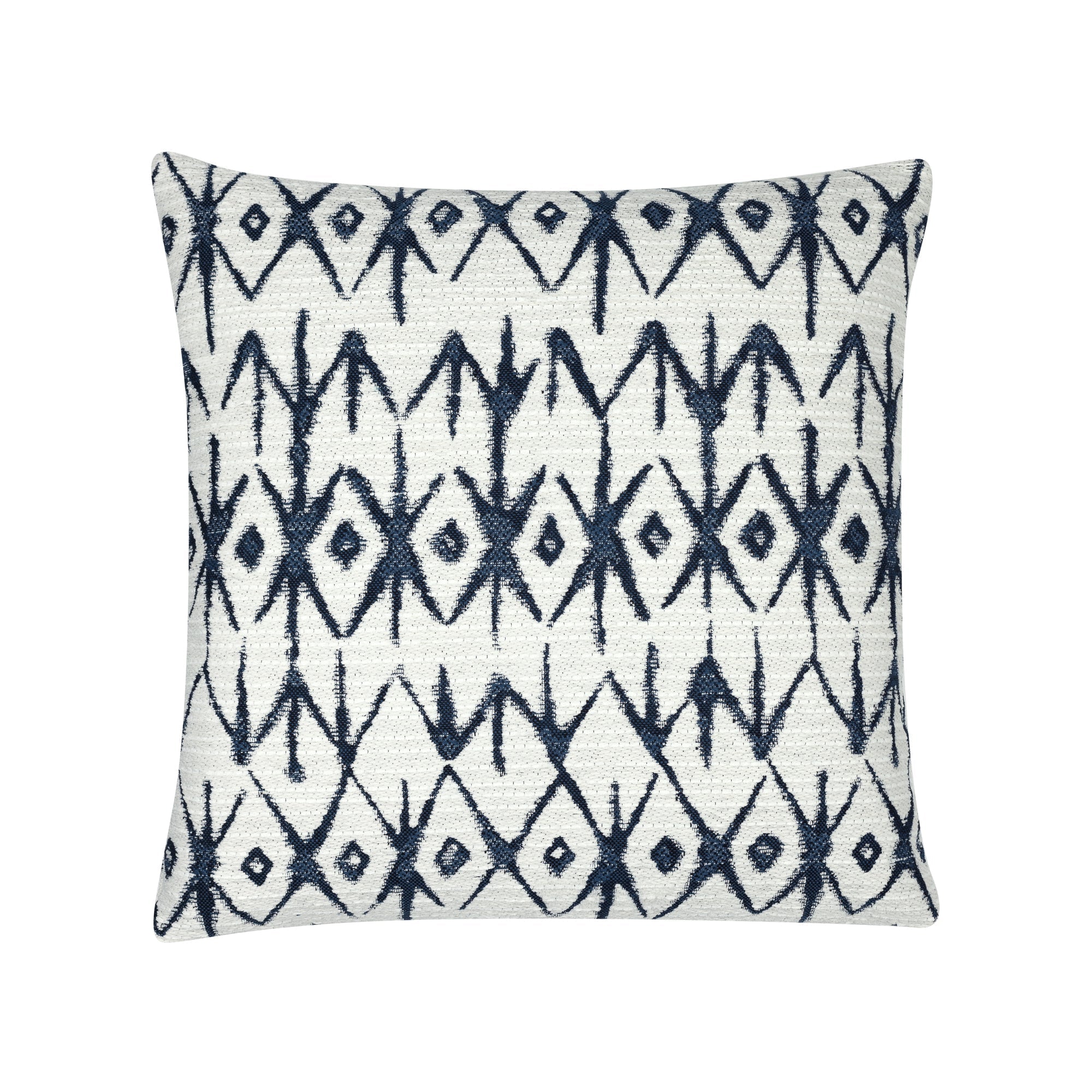 Textured ivory pillow with indigo geometric pattern in lumbar size for bold indoor and outdoor decor