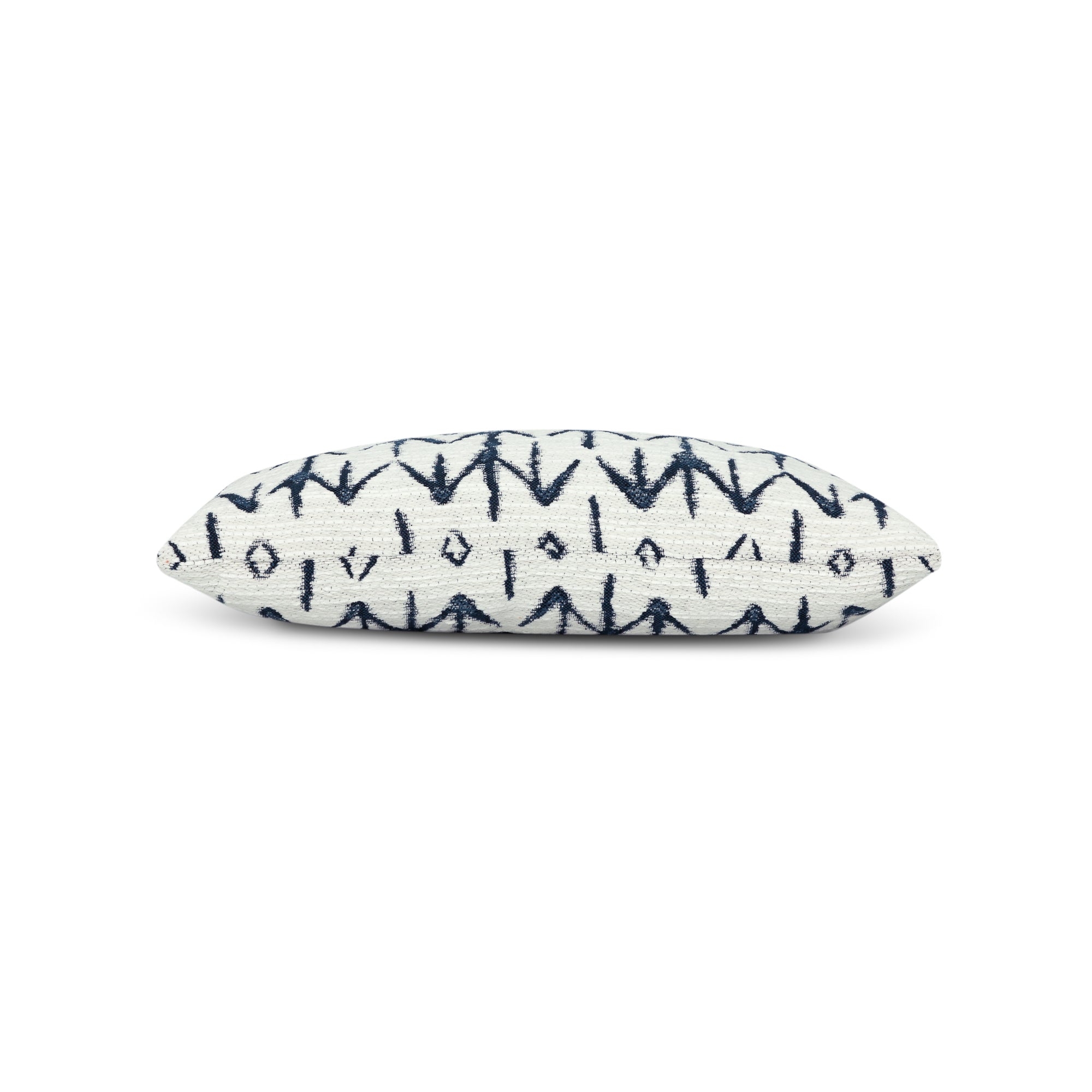 Side image of Textured ivory pillow with indigo geometric pattern in lumbar size for bold indoor and outdoor decor