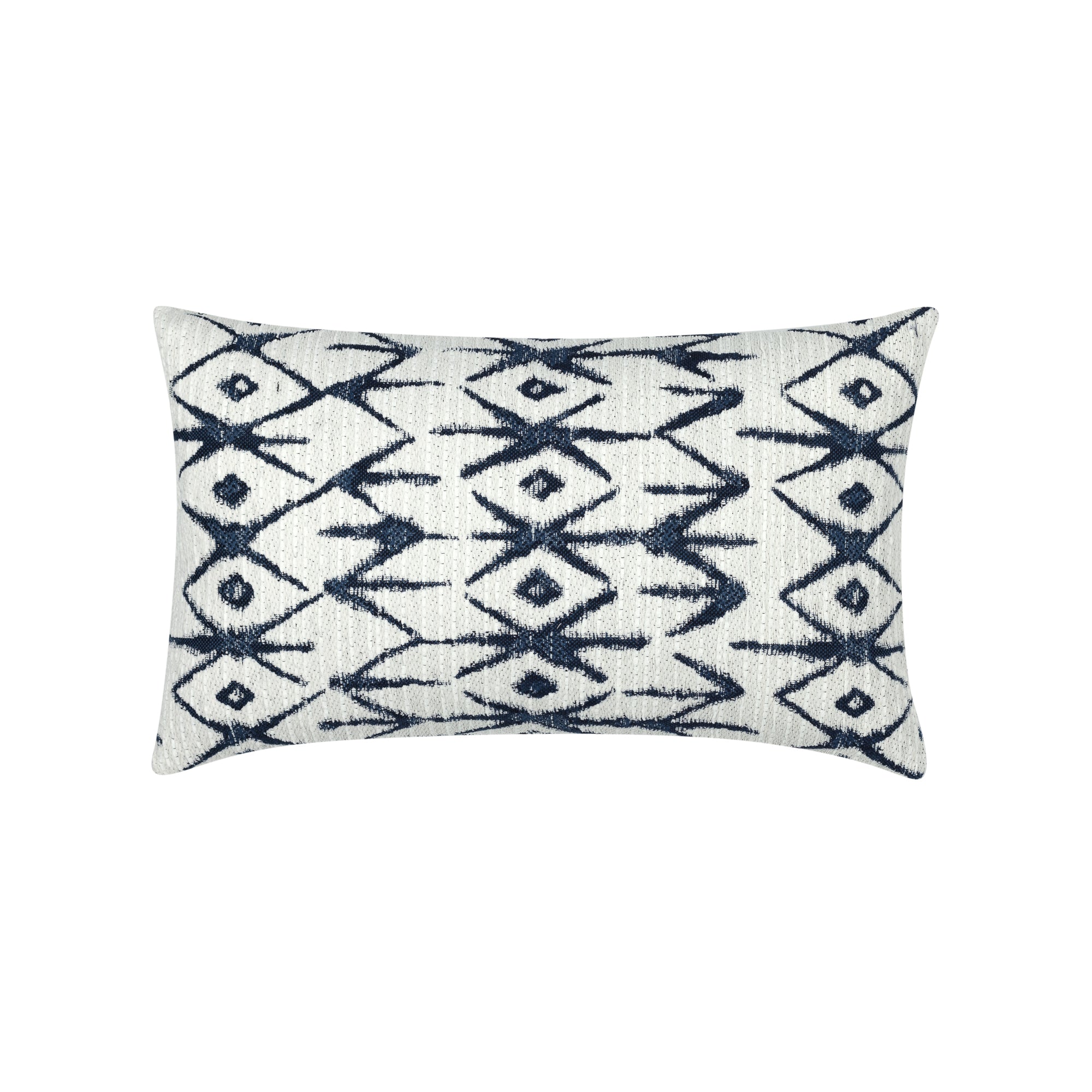 Textured ivory pillow with indigo geometric pattern inlumbar size for classic indoor and outdoor decor