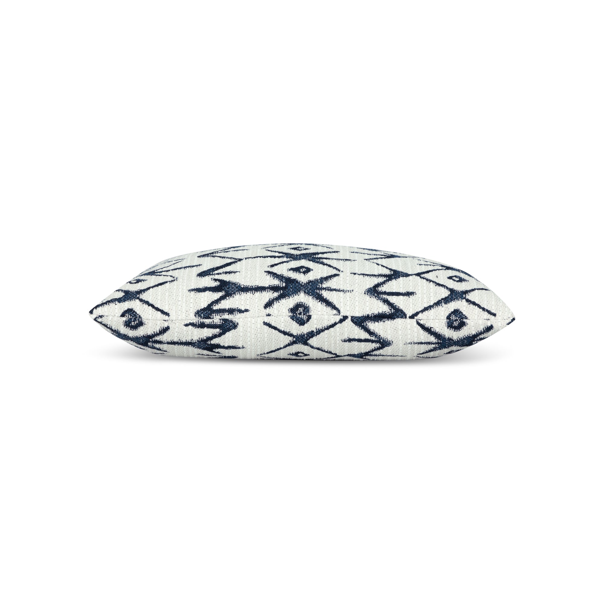 Side image of Textured ivory pillow with indigo geometric pattern inlumbar size for classic indoor and outdoor decor