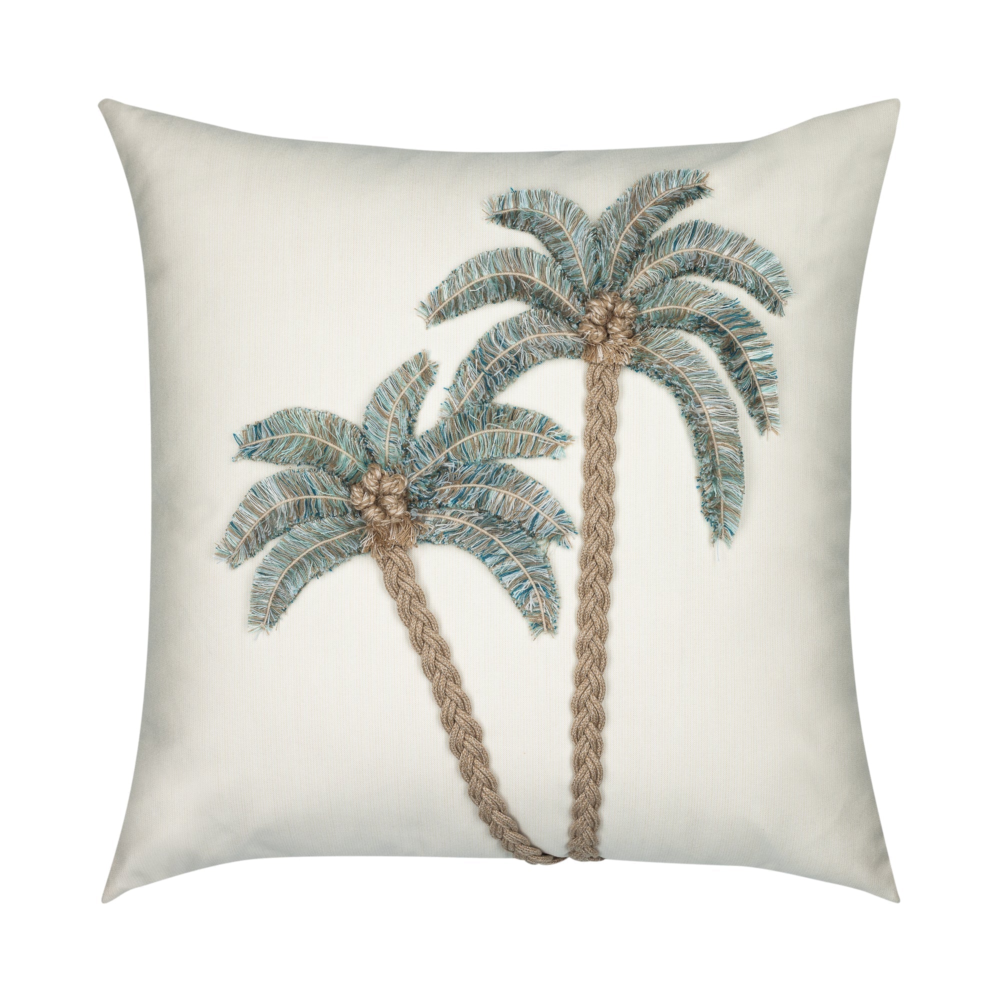 Ivory outdoor pillow with palm leaf pattern square size for tropical patio decor