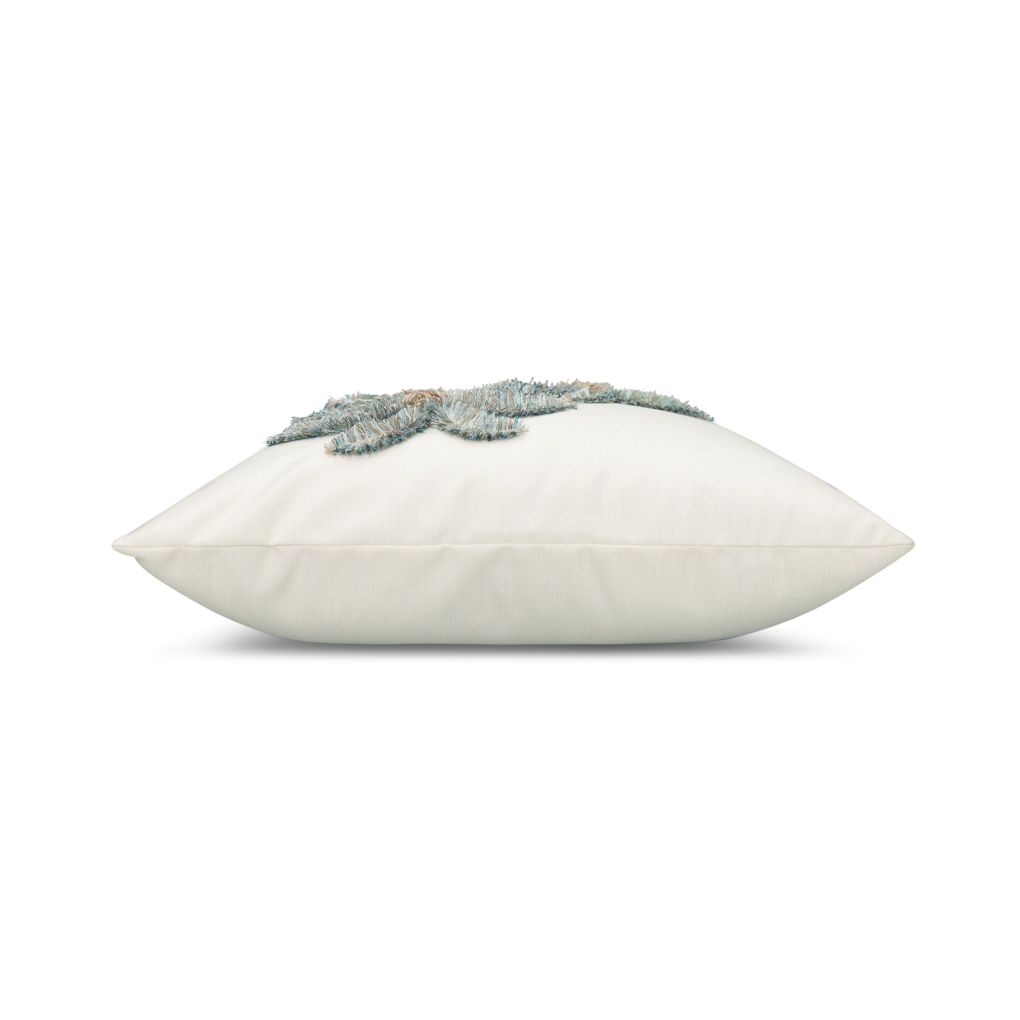 Side image of Ivory outdoor pillow with palm leaf pattern square size for tropical patio decor