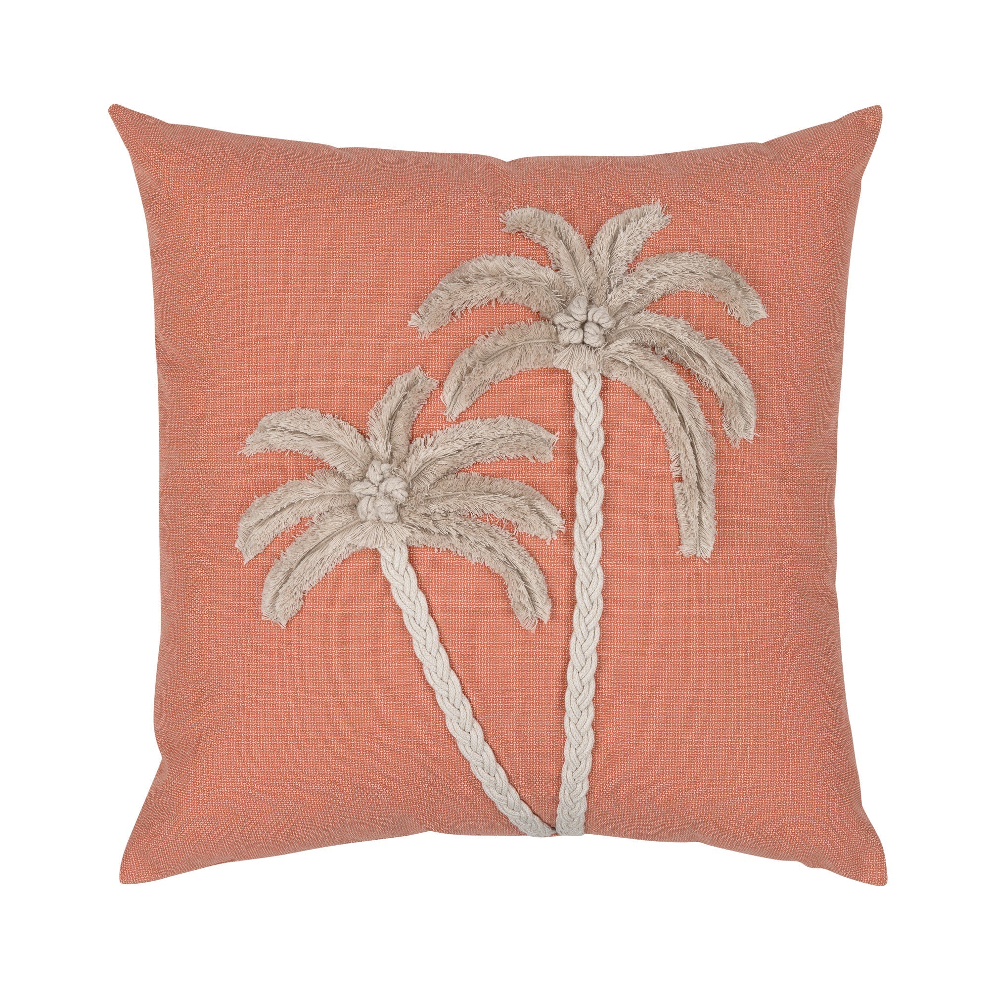 Coral outdoor pillow with palm leaf pattern square size for vibrant patio decor