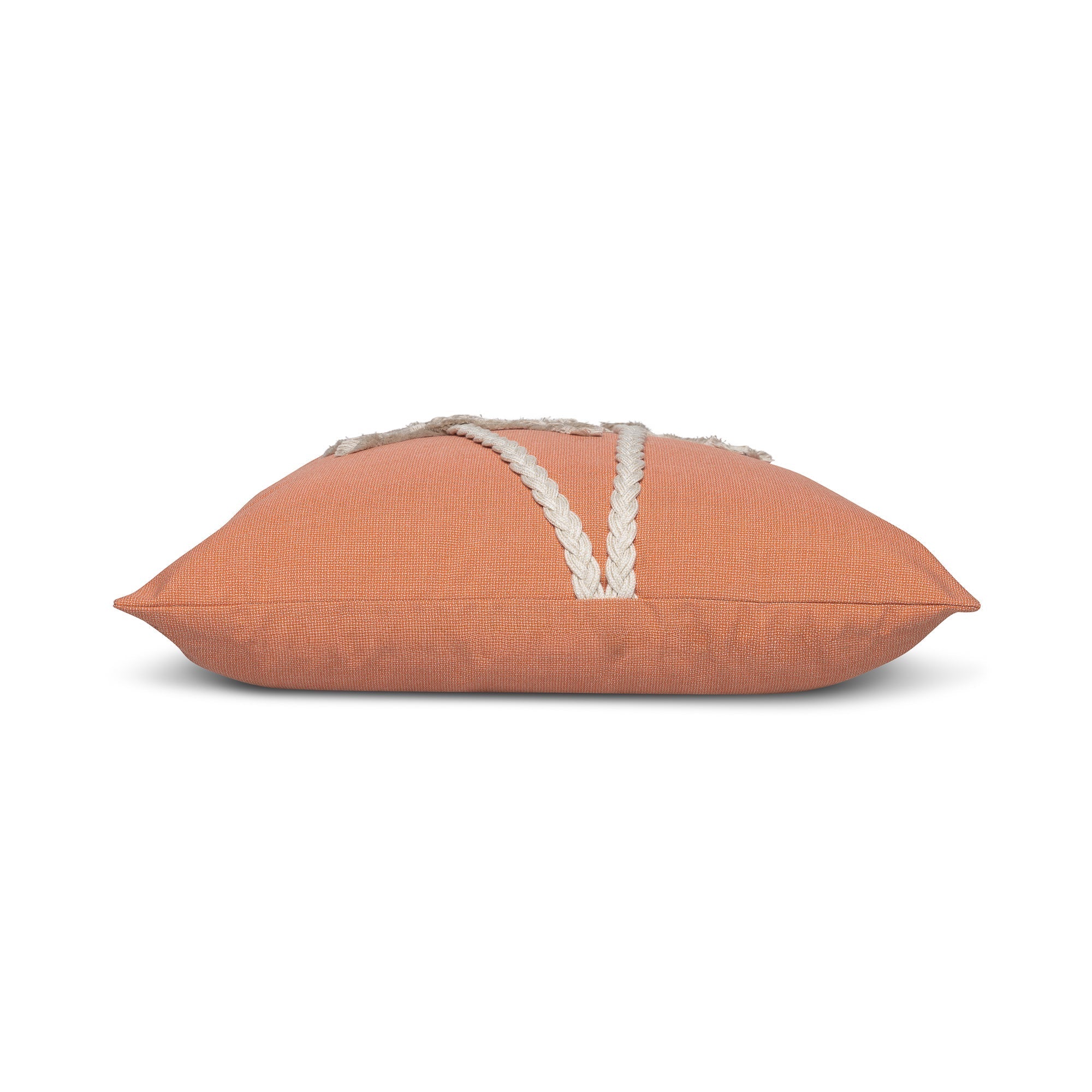 Side image of Coral outdoor pillow with palm leaf pattern square size for vibrant patio decor