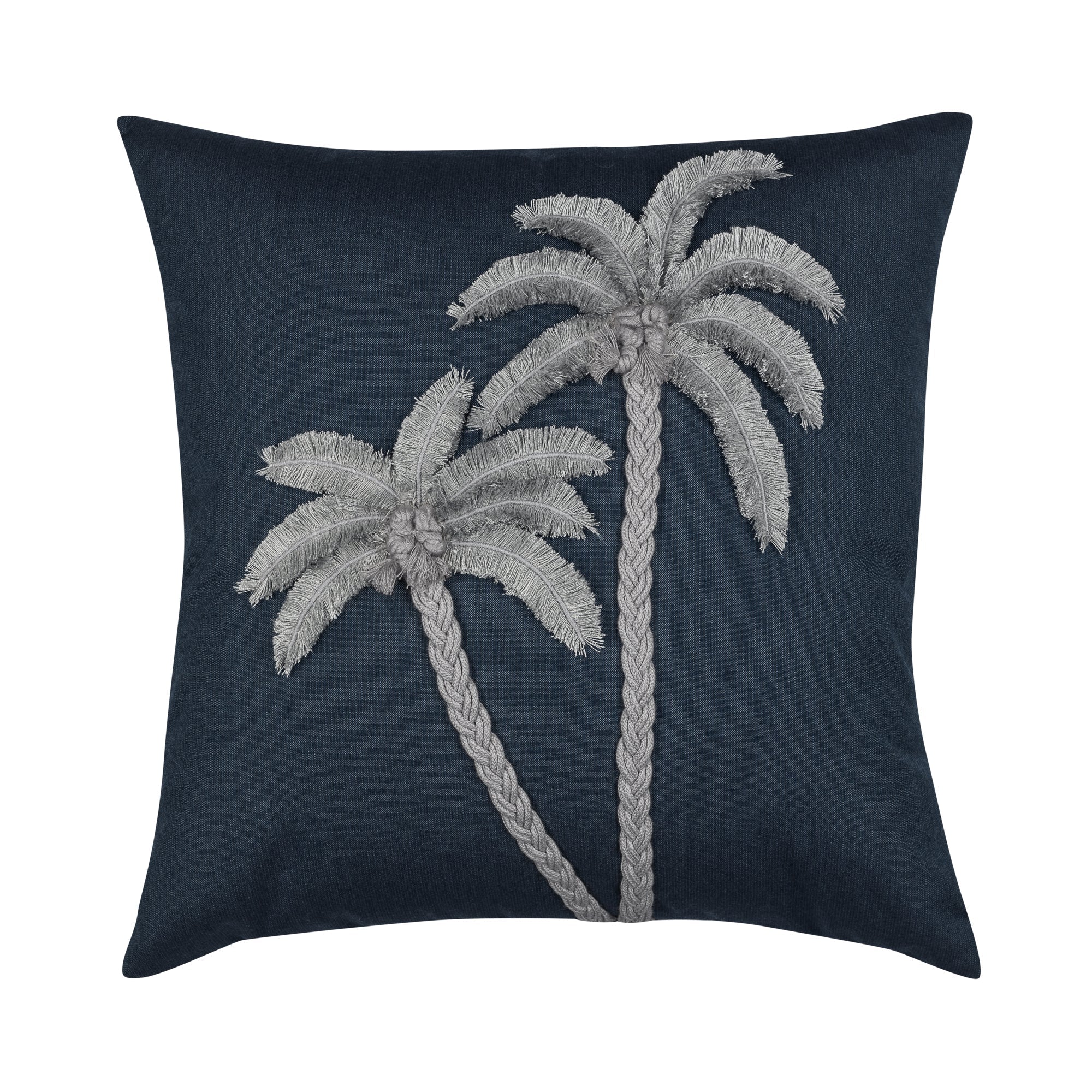 Indigo outdoor pillow with palm leaf pattern square size for coastal patio decor by Elaine Smith
